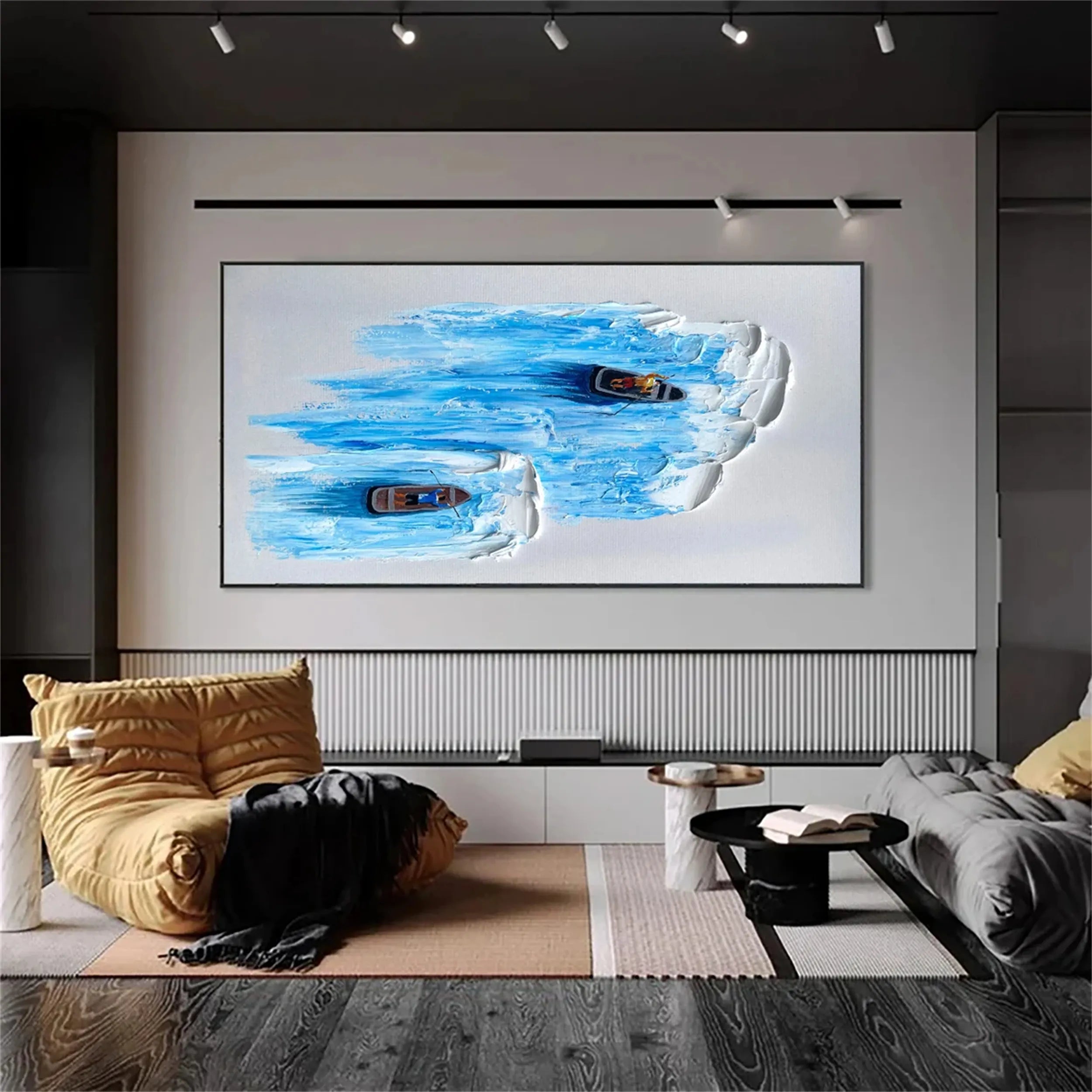 3D Textured Wall Art | Large Blue Ocean Boat Painting Canvas Decor #JJ
