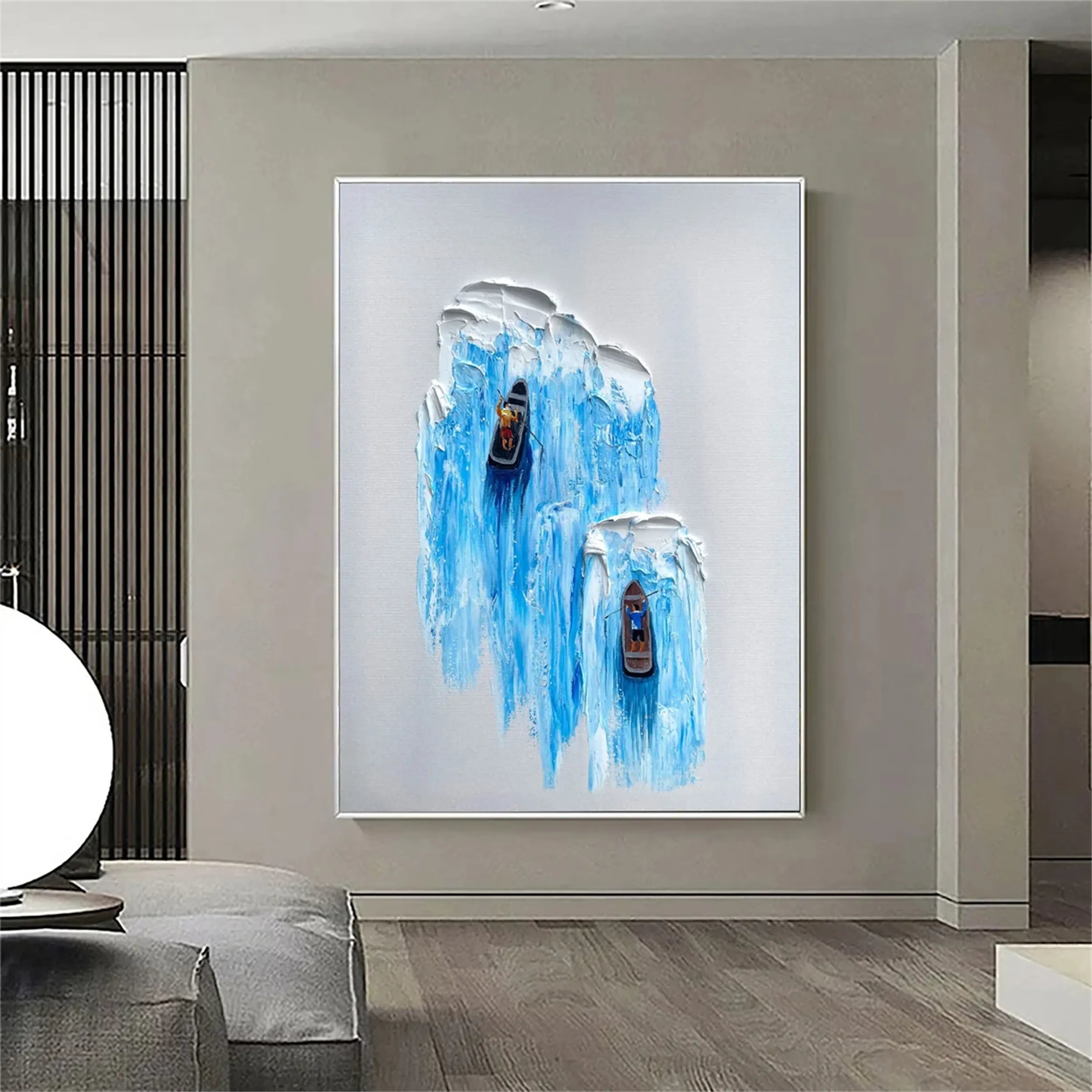 3D Textured Wall Art | Large Blue Ocean Boat Painting Canvas Decor #JJ