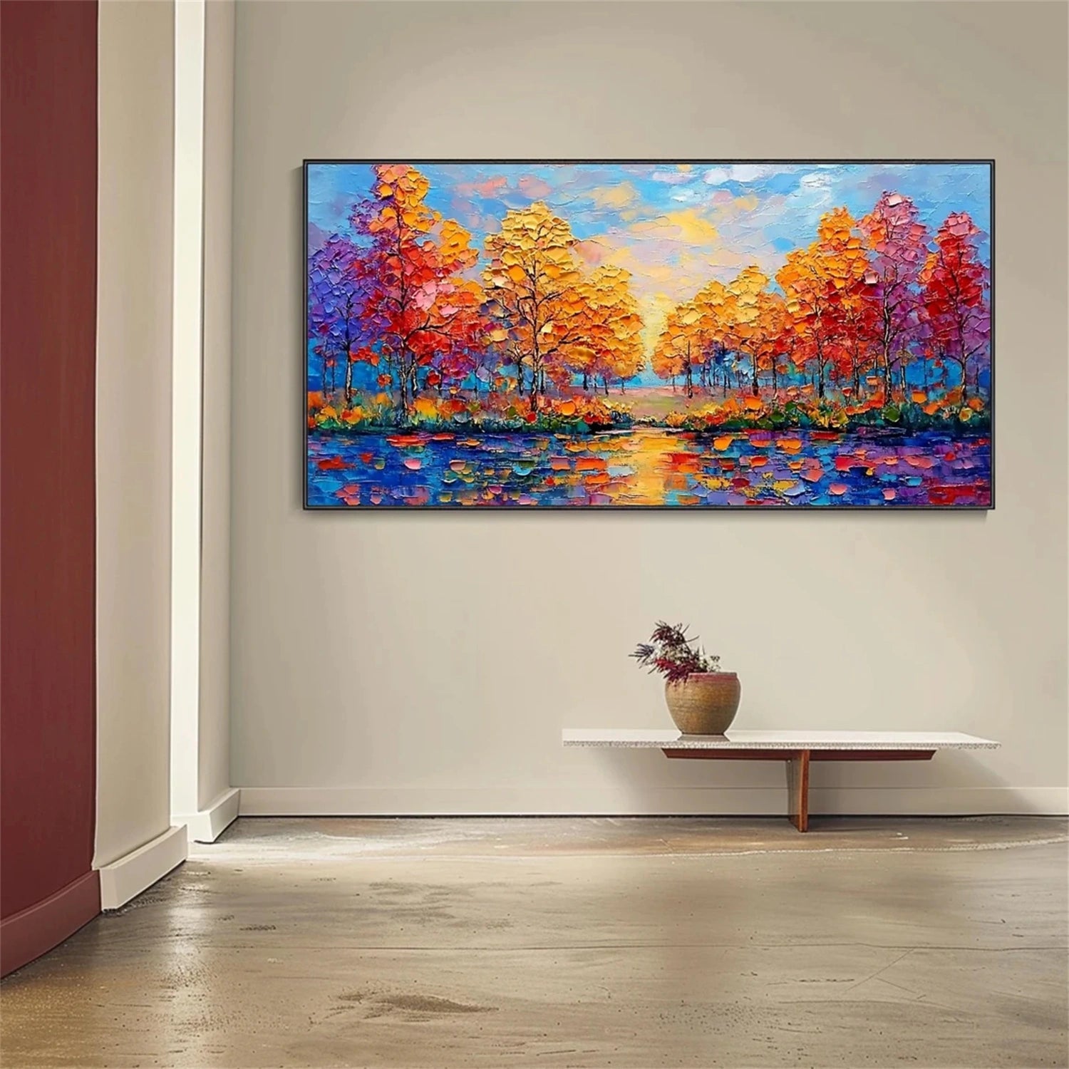 Sunset Lake Hand-Painted Oil Art | Vibrant Large Textured Trees #JJ 32