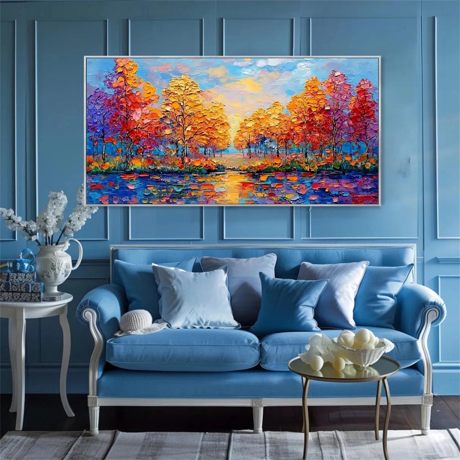 Sunset Lake Hand-Painted Oil Art | Vibrant Large Textured Trees #JJ 32