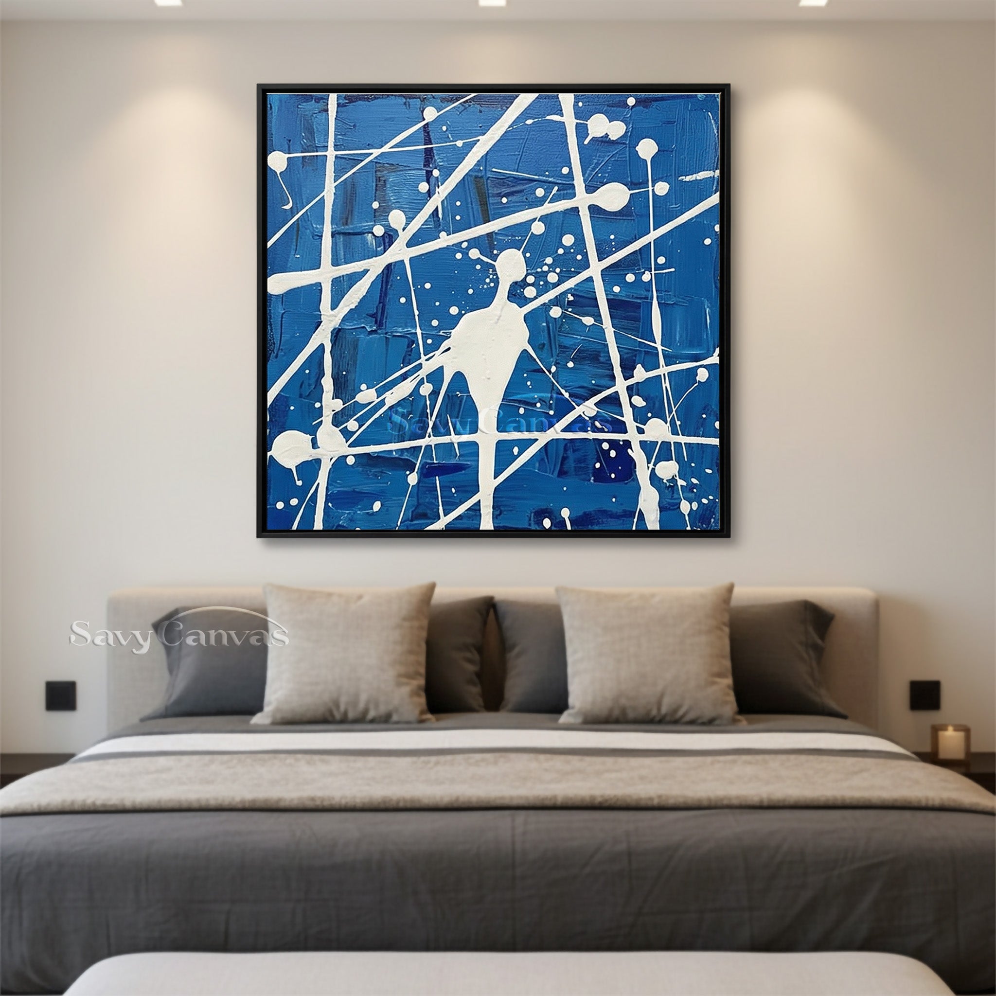 Vibrant sapphire blue abstract expressionist painting with white paint drips and splatters