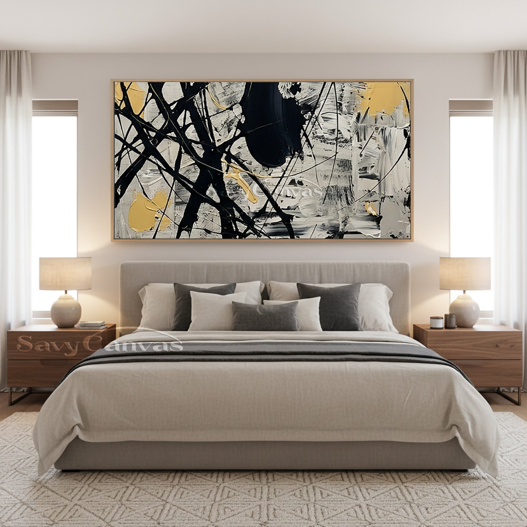 Modern wall art featuring a vibrant yellow background covered with a complex lattice of black and white oil paint drips.