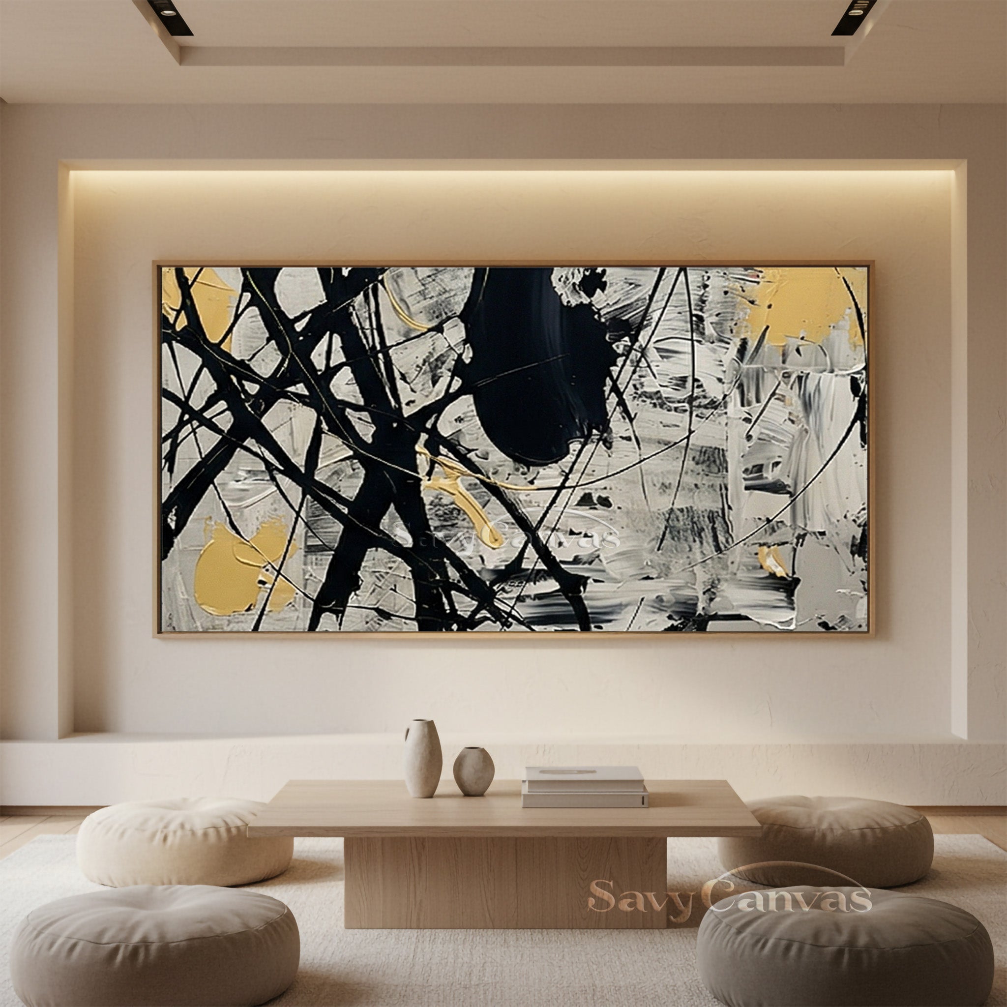 Contemporary Yellow & White Splatter Art | Hand-Painted Canvas Decor #JJ 466