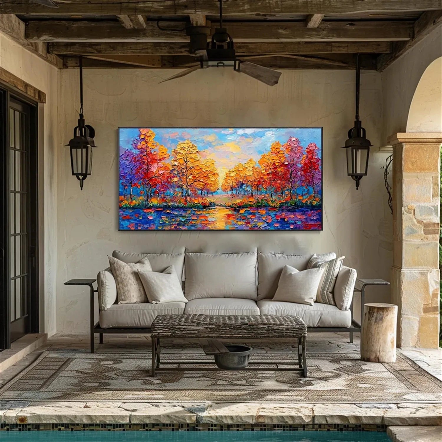 Sunset Lake Hand-Painted Oil Art | Vibrant Large Textured Trees #JJ 32