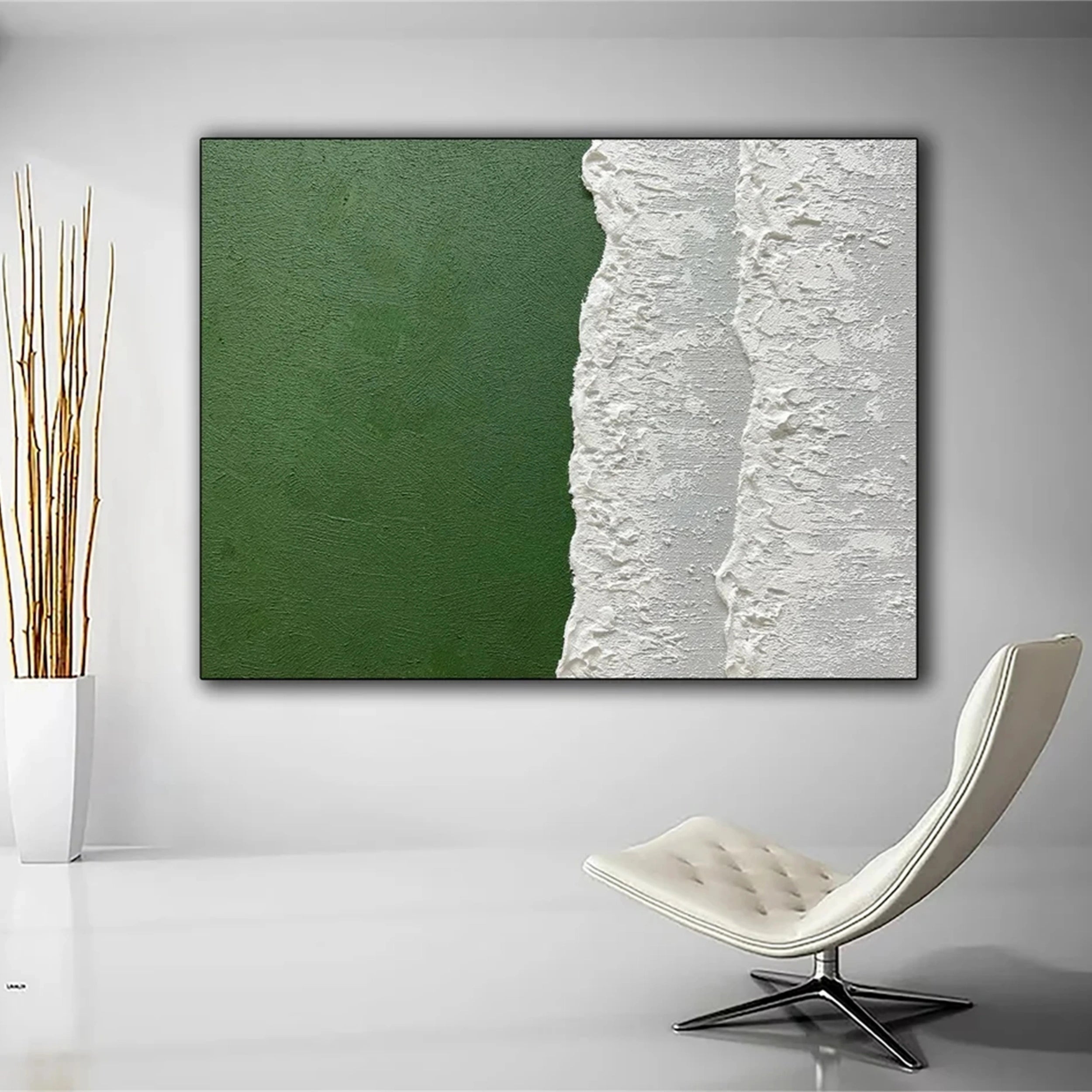 Verdant Shore – Minimalist Green Ocean  Textured Abstract Canvas #JJ 260