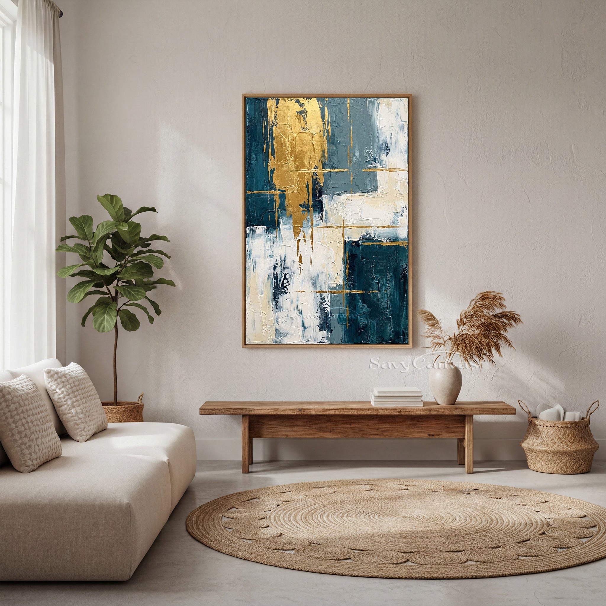 Modern Abstract Gold Leaf Blue Oil Painting on Canvas #SS 011