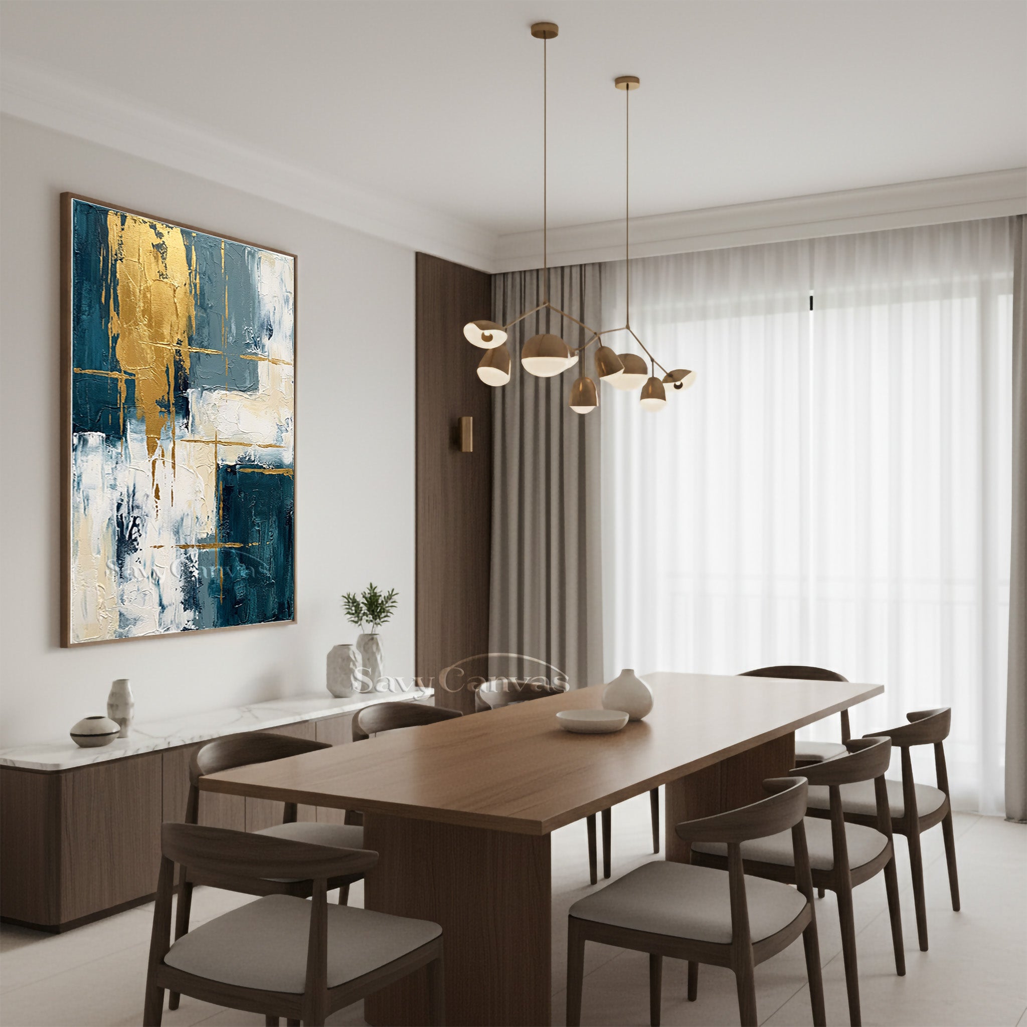 Modern Abstract Gold Leaf Blue Oil Painting on Canvas #SS 011