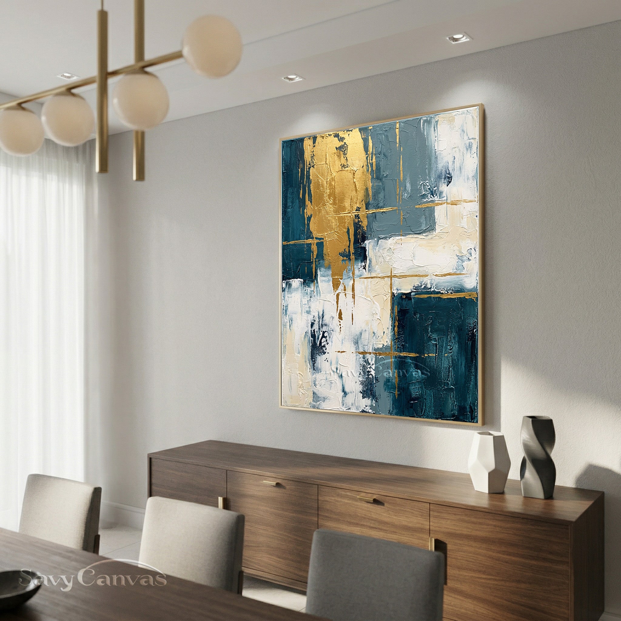 Modern Abstract Gold Leaf Blue Oil Painting on Canvas #SS 011