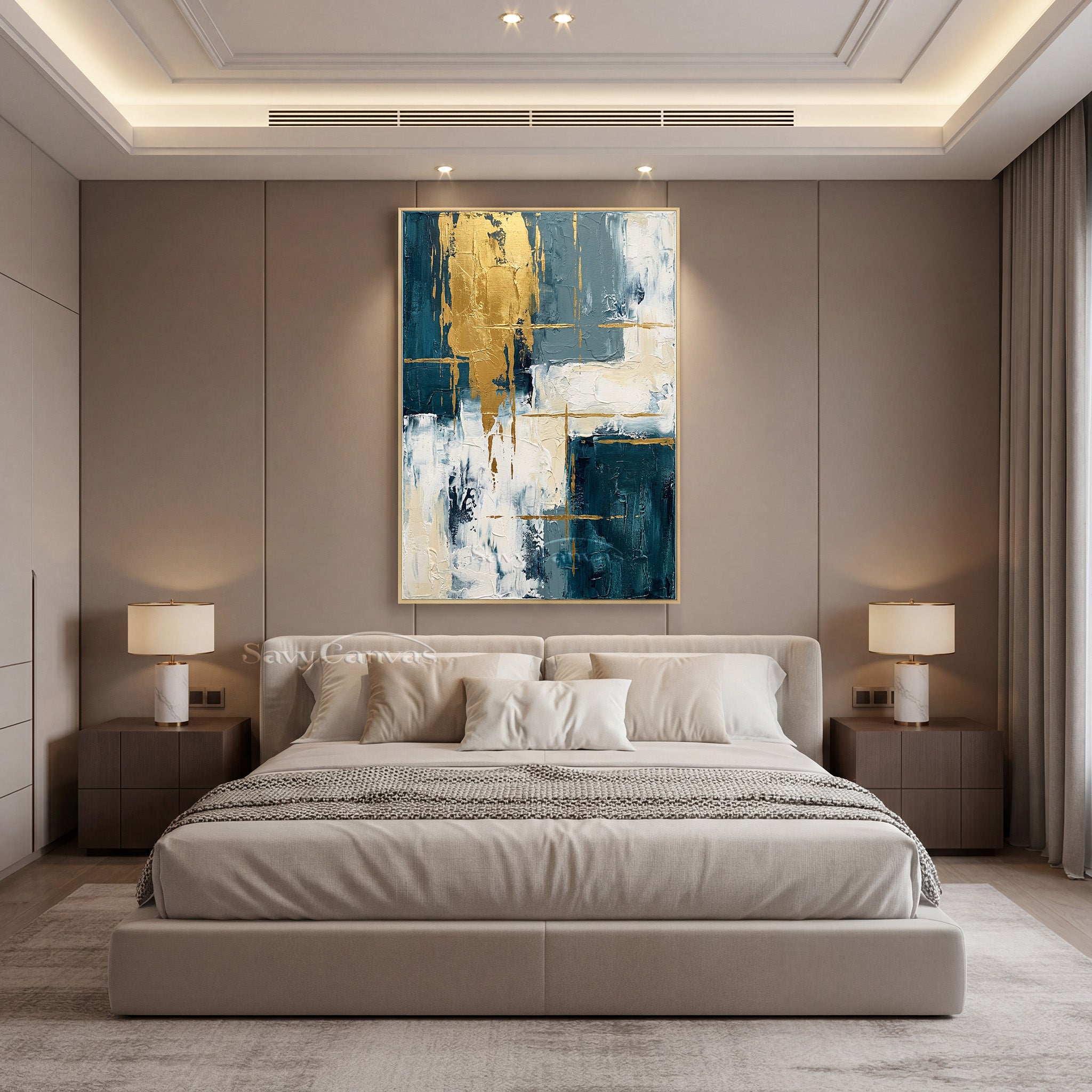 Modern Abstract Gold Leaf Blue Oil Painting on Canvas #SS 011