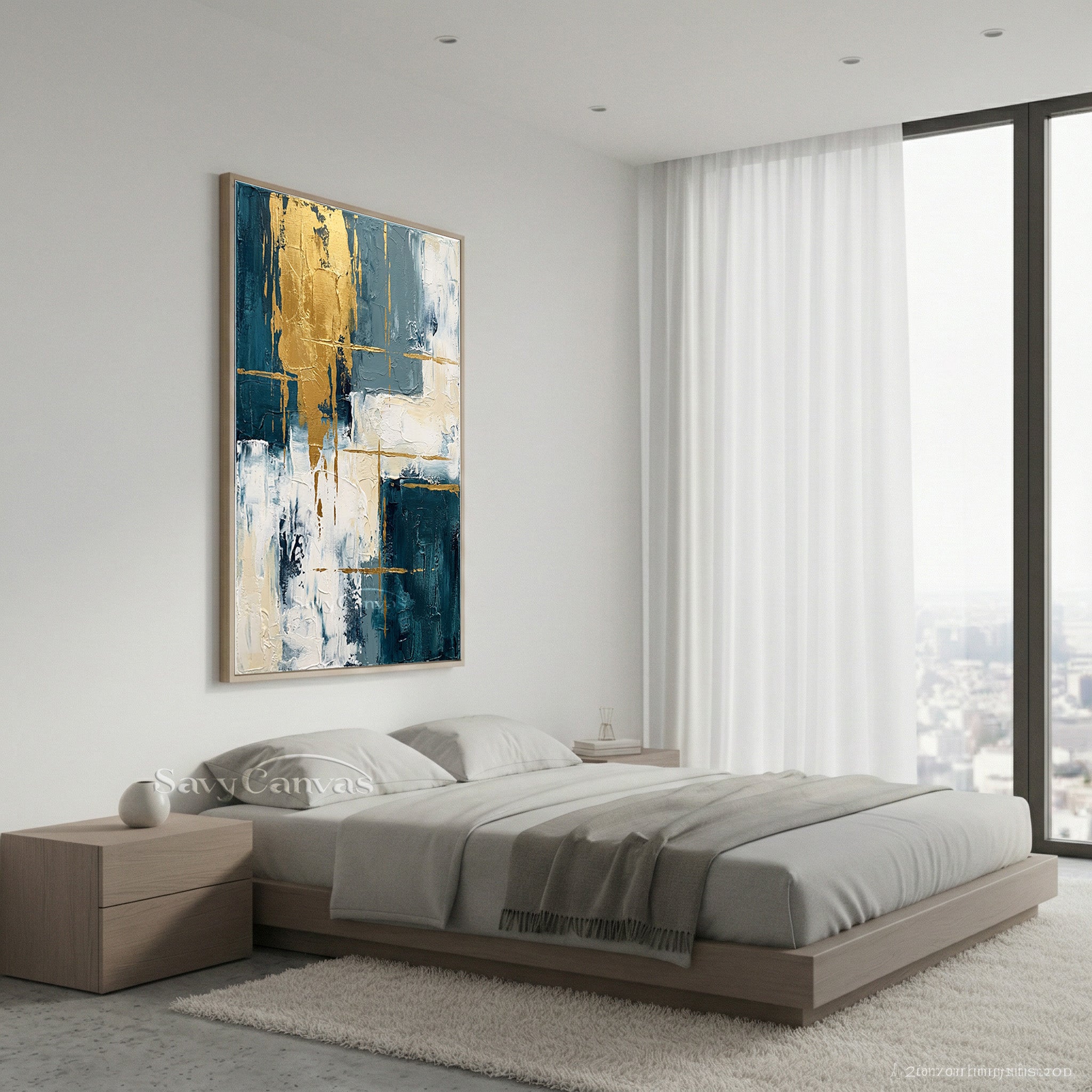 Modern Abstract Gold Leaf Blue Oil Painting on Canvas #SS 011