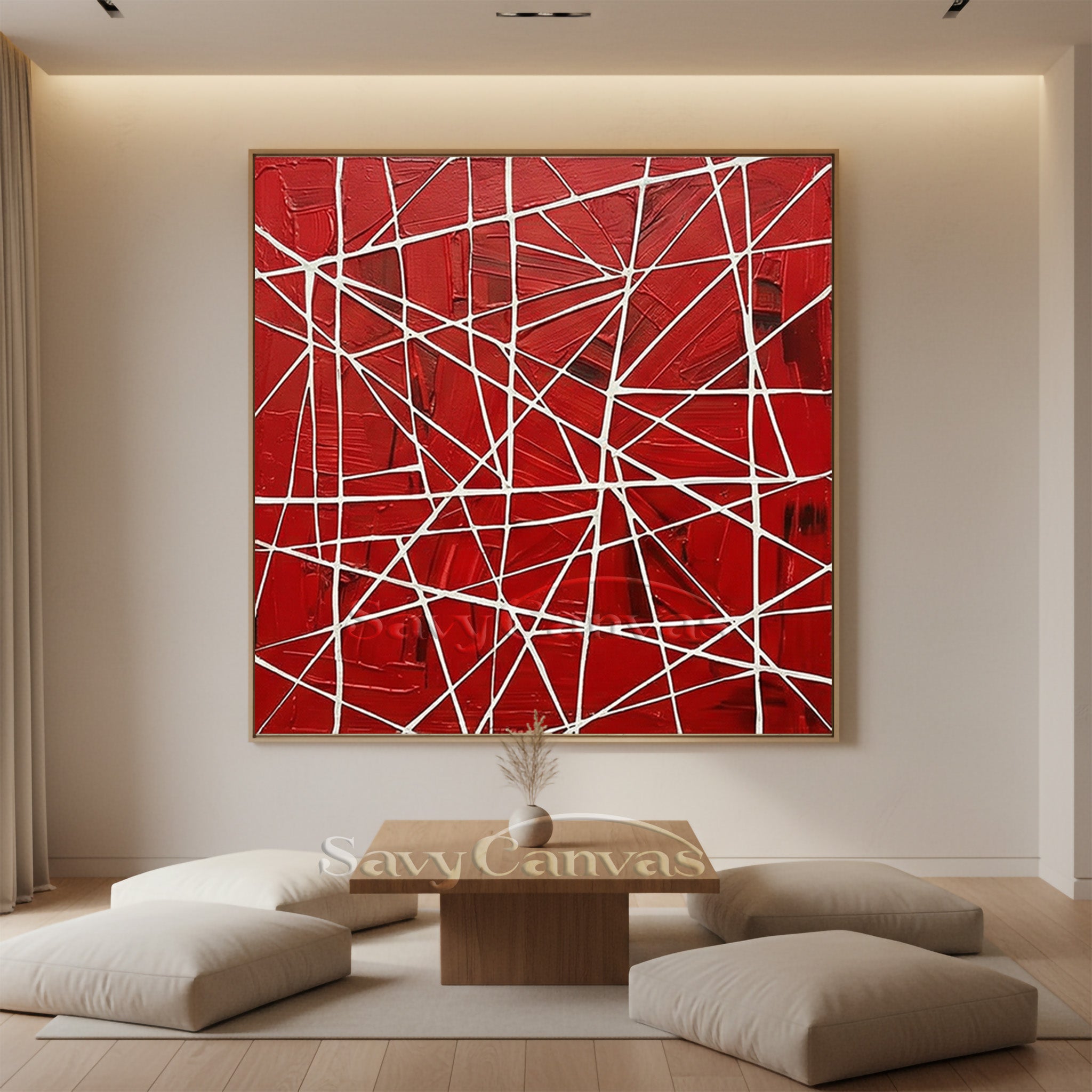 Original hand-painted red abstract oil painting with thick texture and sharp white intersecting geometric lines