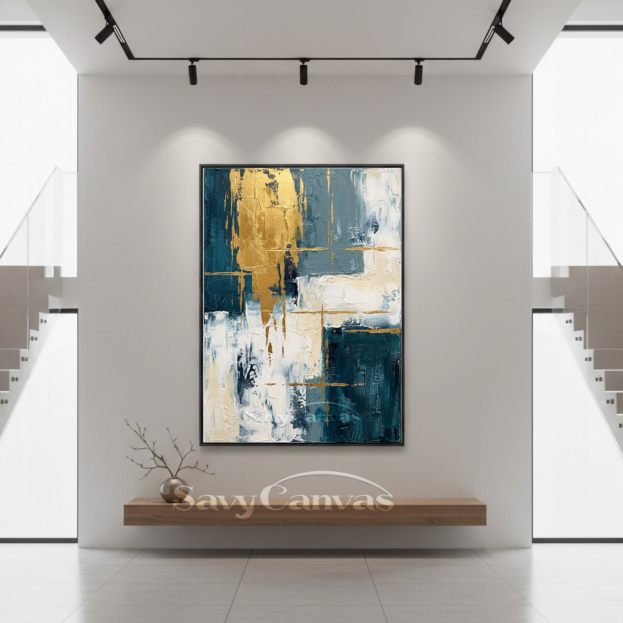 Modern Abstract Gold Leaf Blue Oil Painting on Canvas #SS 011