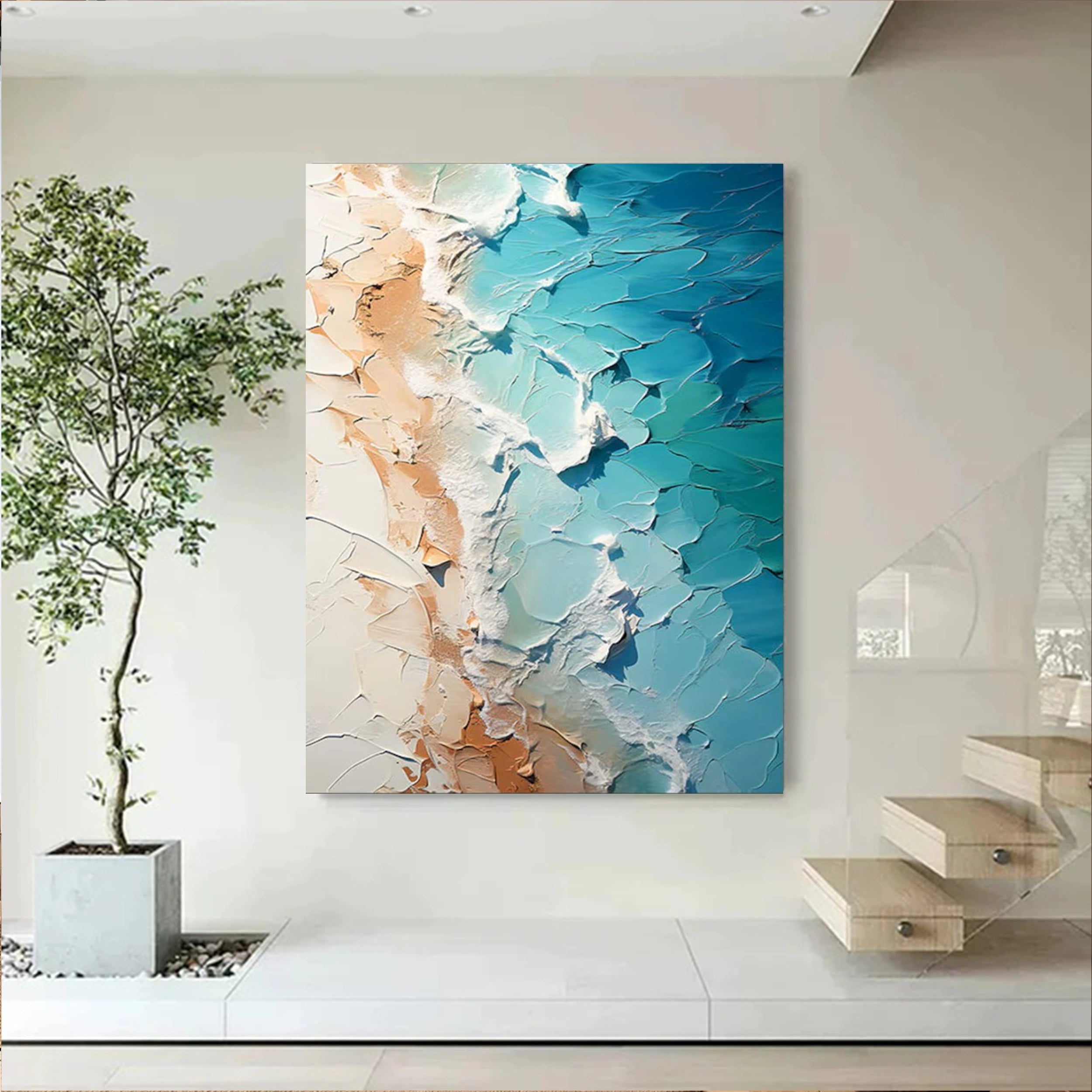 Teal Ocean Beige Beach Textured Abstract Art