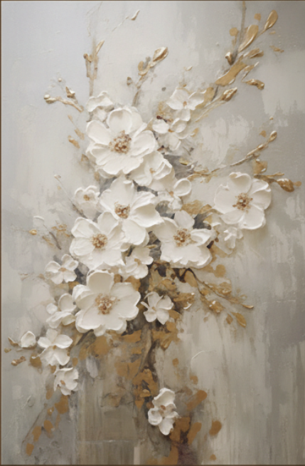 Large Gold and White Textured Floral Wall Art #CC 001