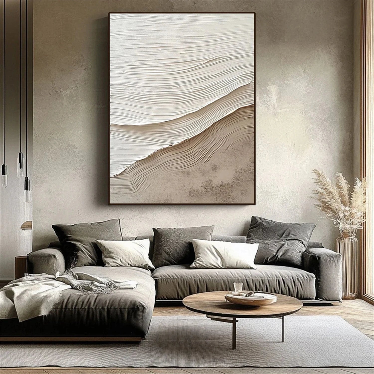 Cream and Taupe Abstract Art – Wavy Textured Canvas