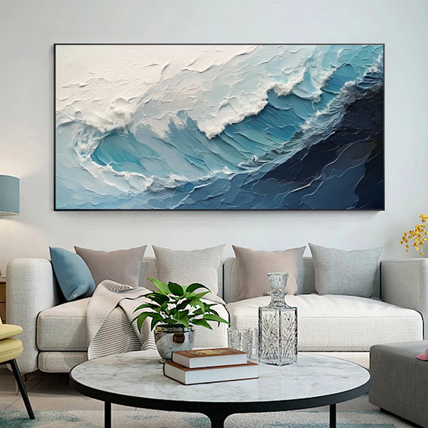 Large Horizontal Wave Abstract - Blue and White Textured Ocean Oil Painting