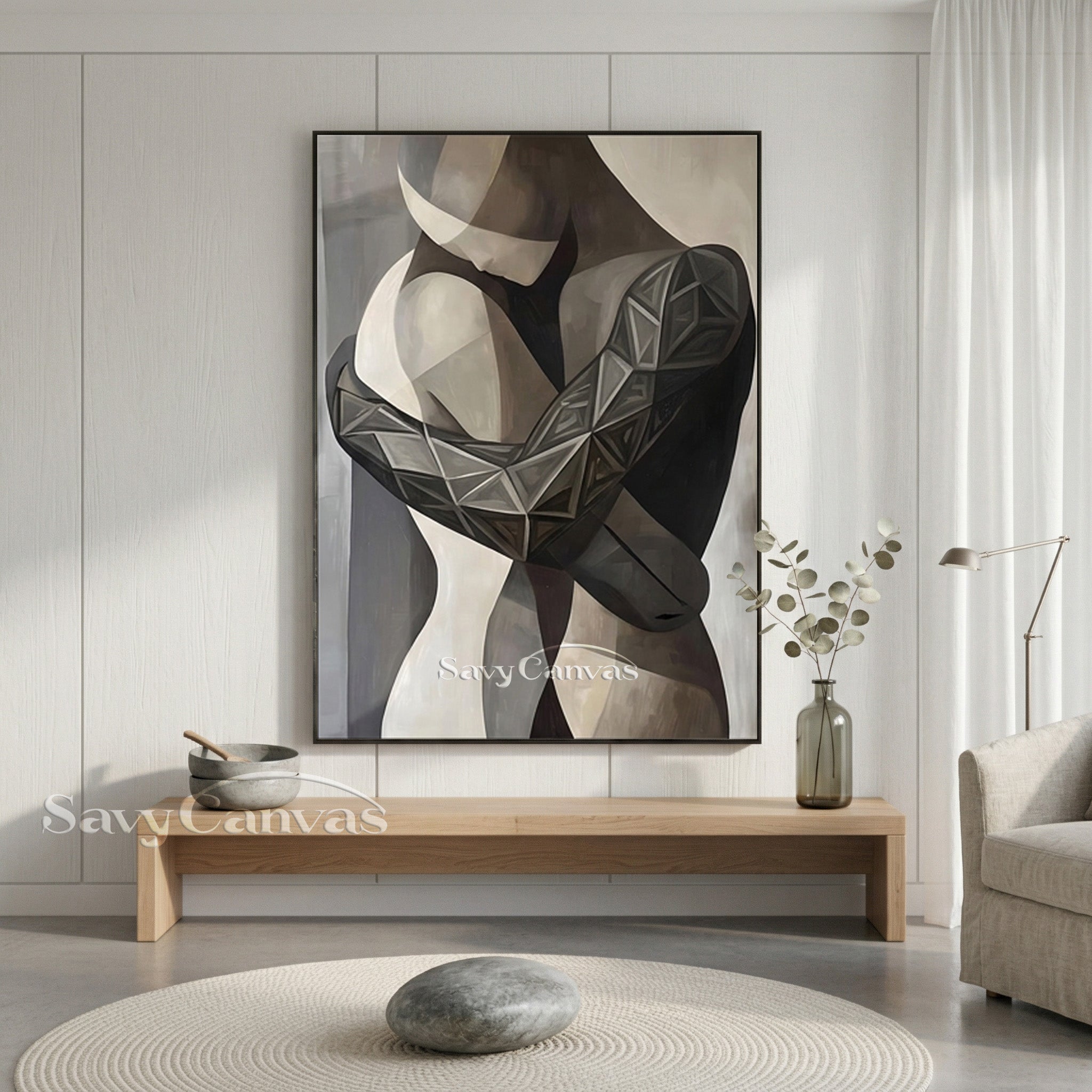 Modern Abstract Embrace Oil Painting | Geometric Couple Wall Art #SS 143