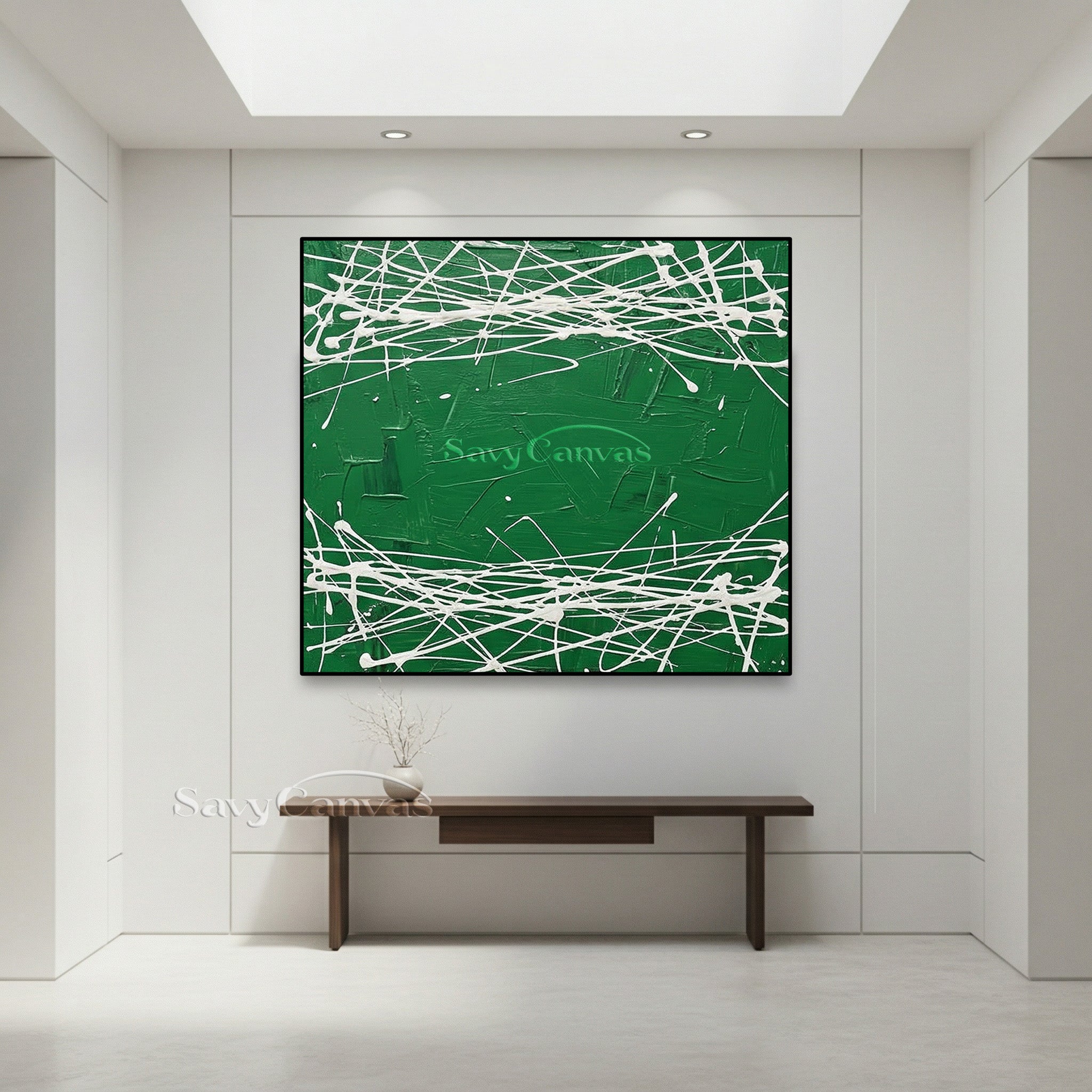 Deep forest green abstract painting with energetic white paint drips and thick impasto texture.
