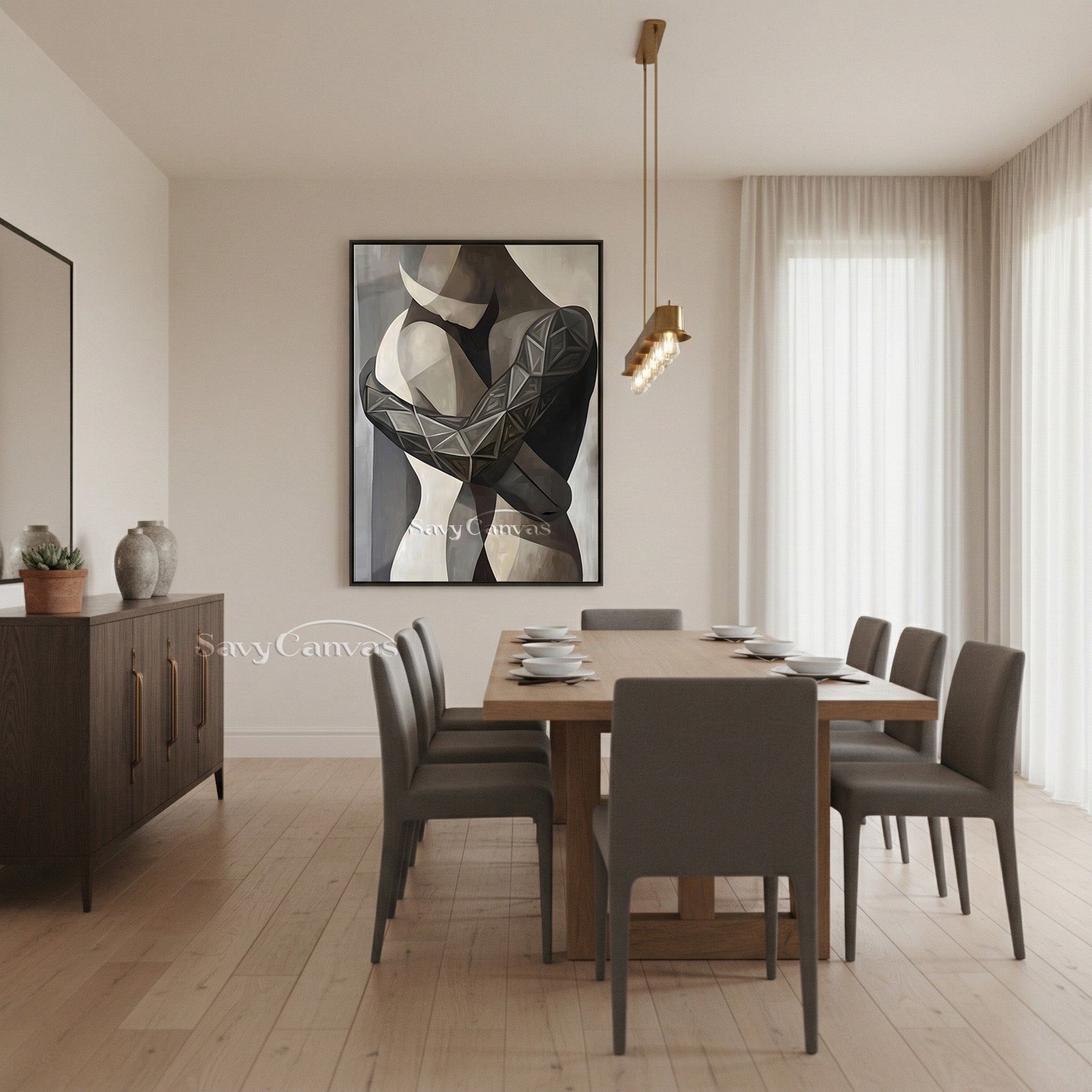 Modern Abstract Embrace Oil Painting | Geometric Couple Wall Art #SS 143