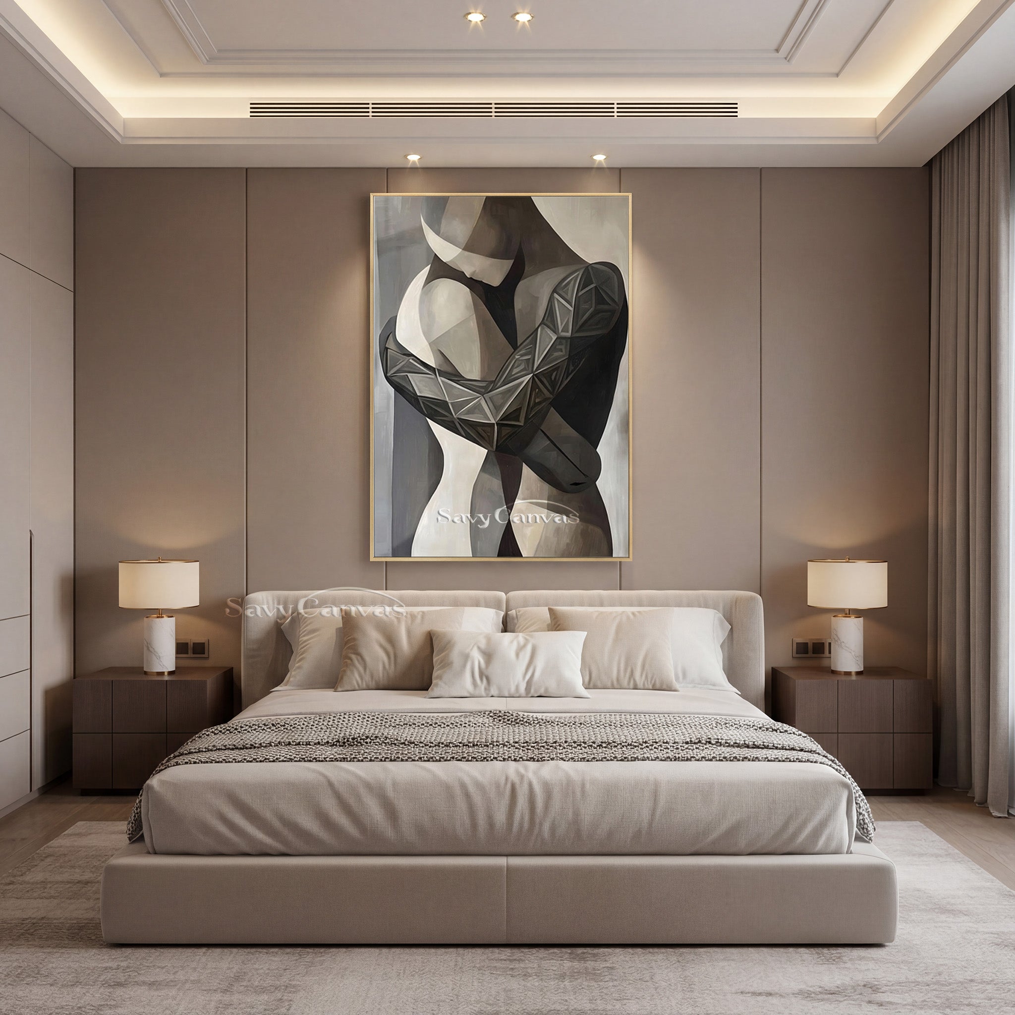 Modern Abstract Embrace Oil Painting | Geometric Couple Wall Art #SS 143