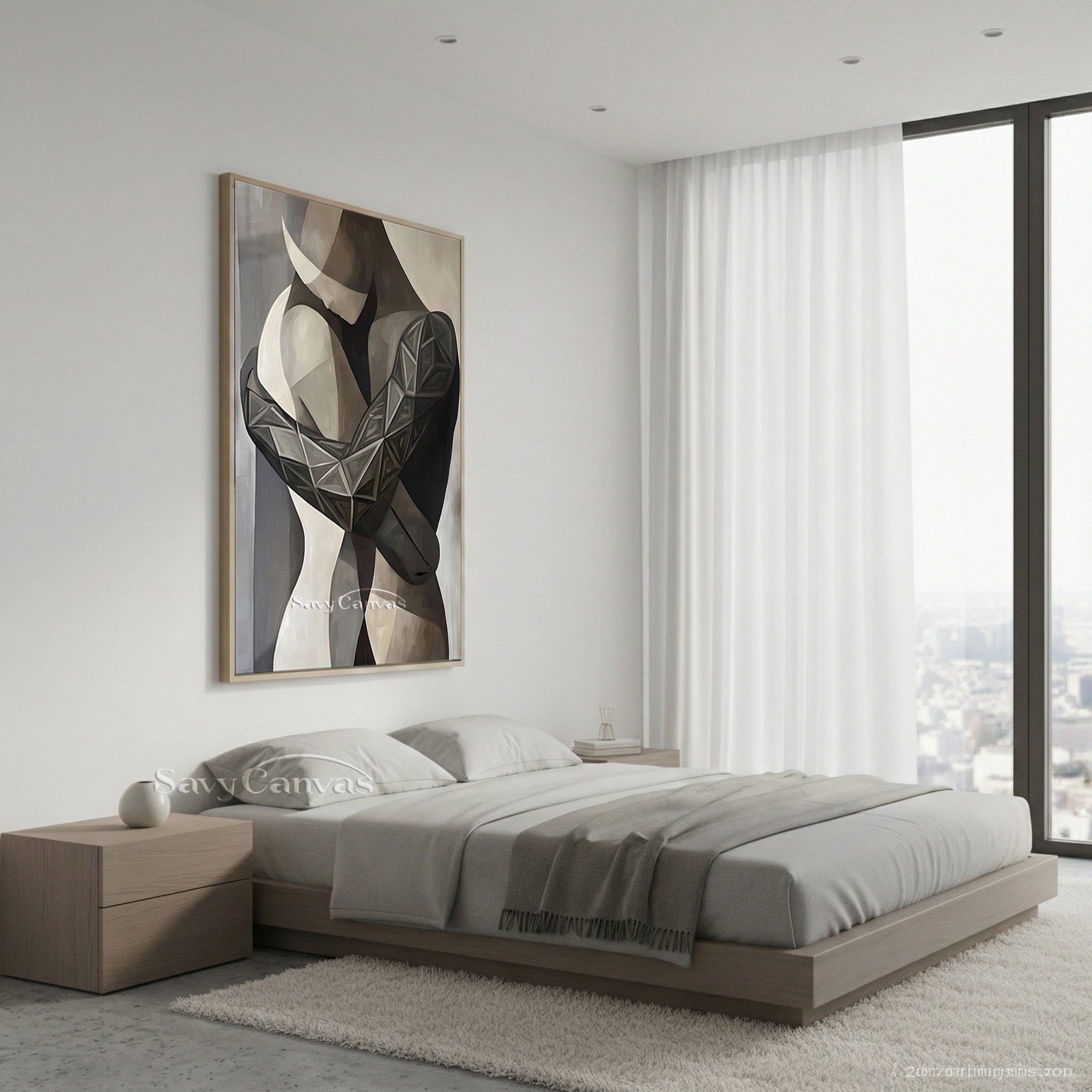 Modern Abstract Embrace Oil Painting | Geometric Couple Wall Art #SS 143