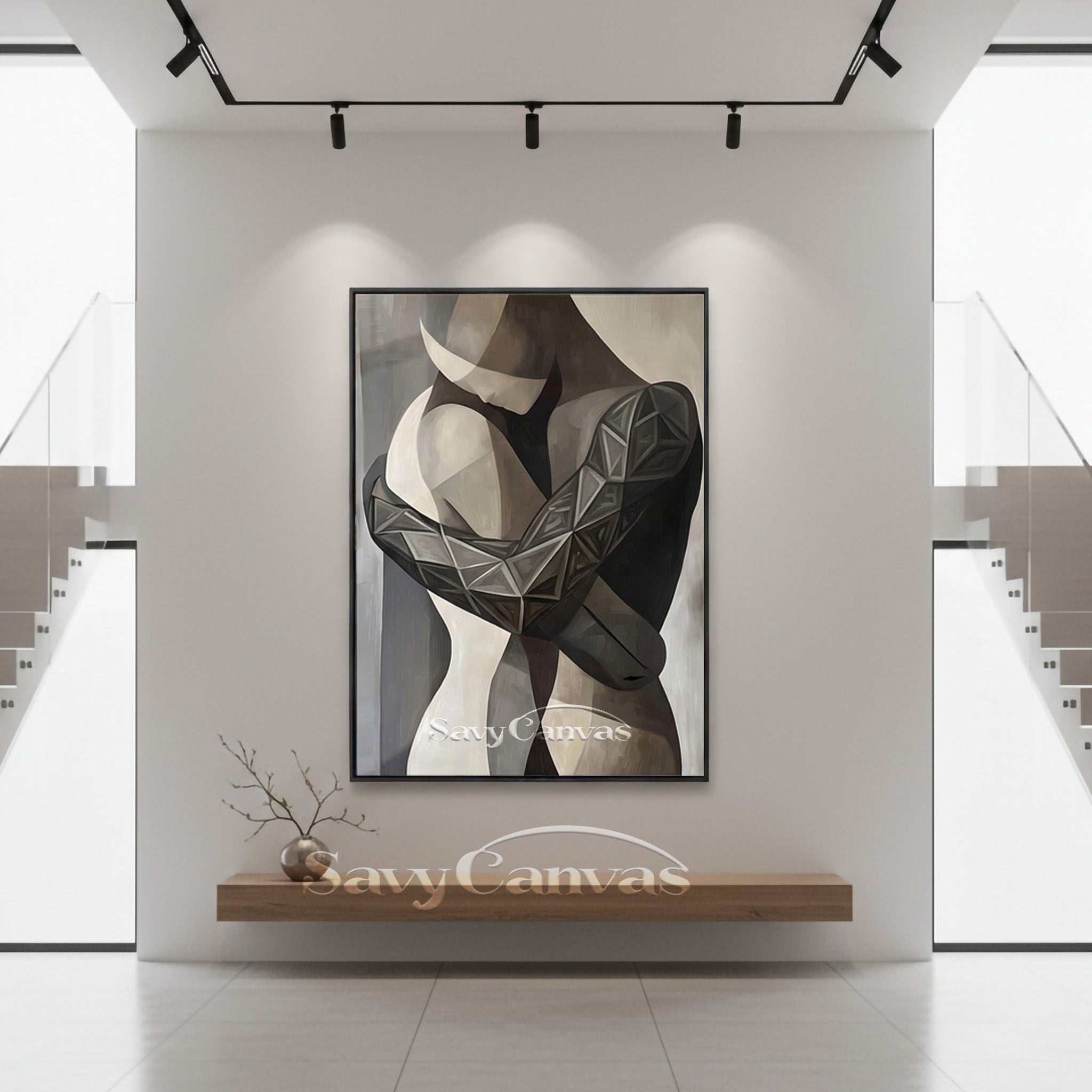 Modern Abstract Embrace Oil Painting | Geometric Couple Wall Art #SS 143