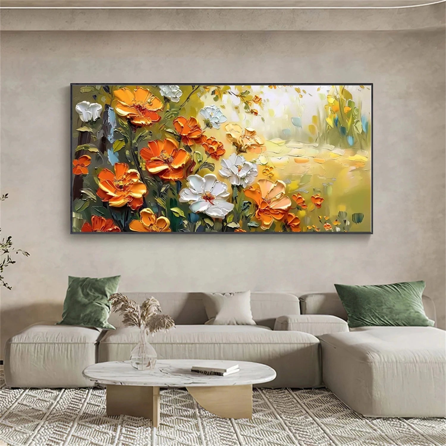  Living Room Wall Decor Bright Flowers | Orange & White Art - Savy Canvas