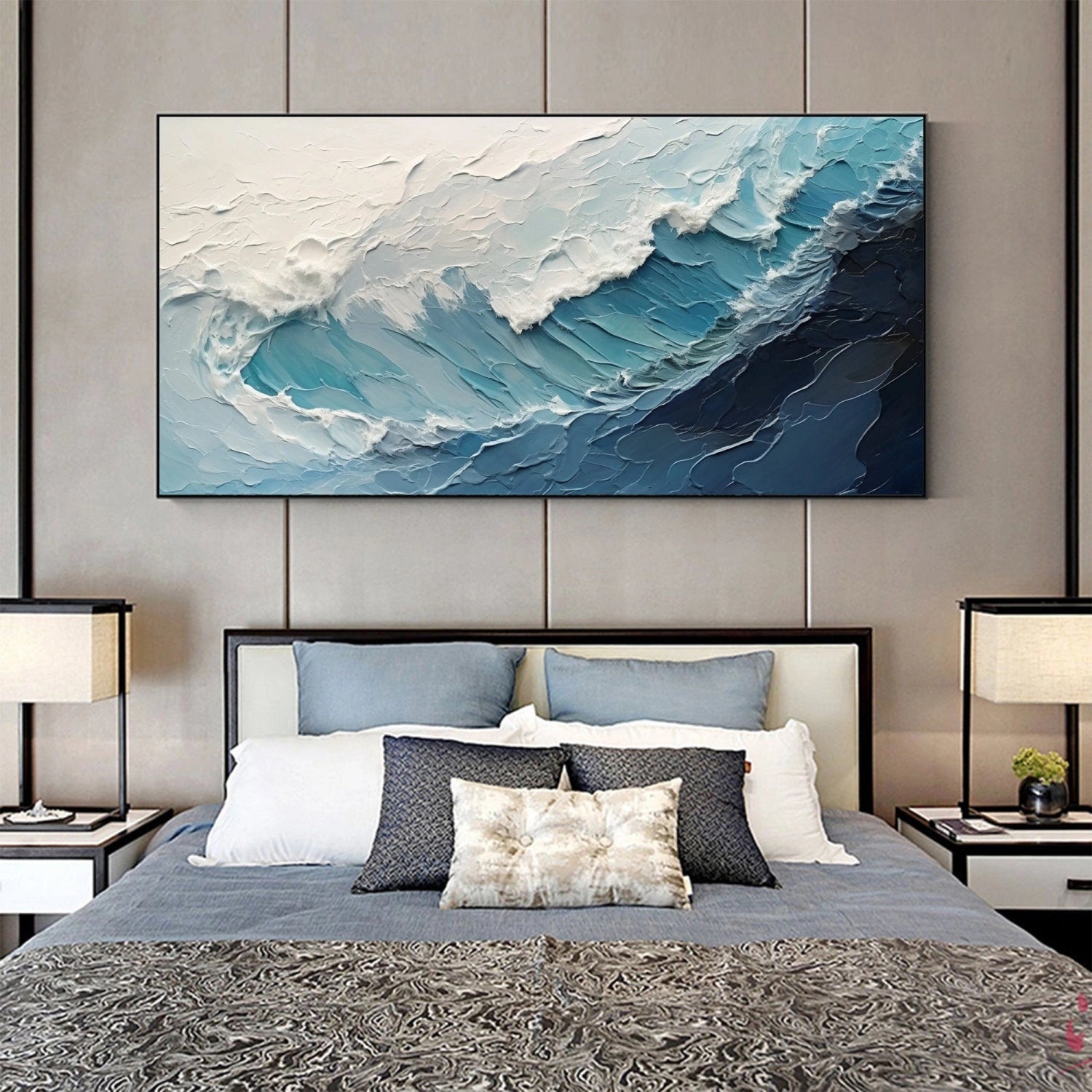 Horizontal Blue and White Textured Wave Abstract Oil Painting - Modern Art #JJ 162