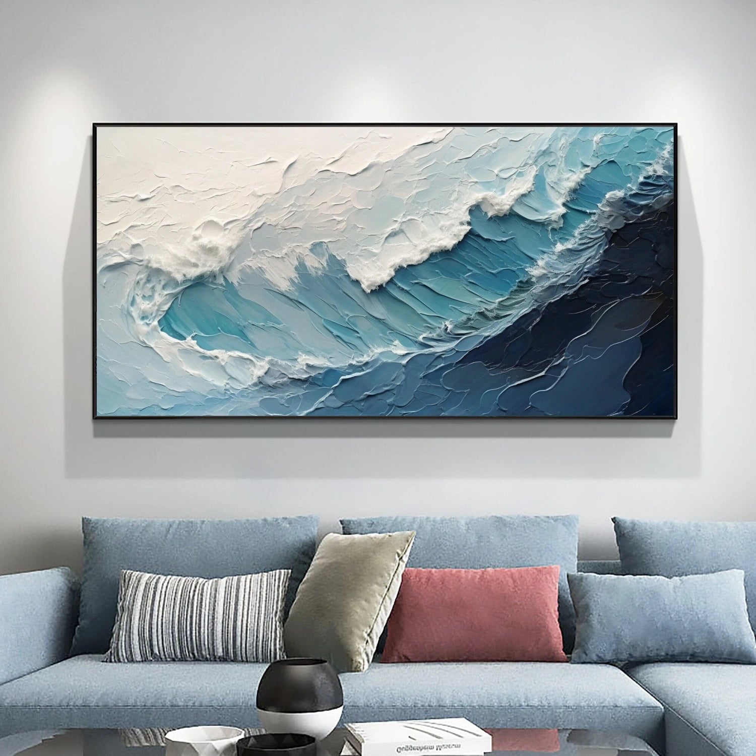 Horizontal Blue and White Textured Wave Abstract Oil Painting - Modern Art #JJ 162