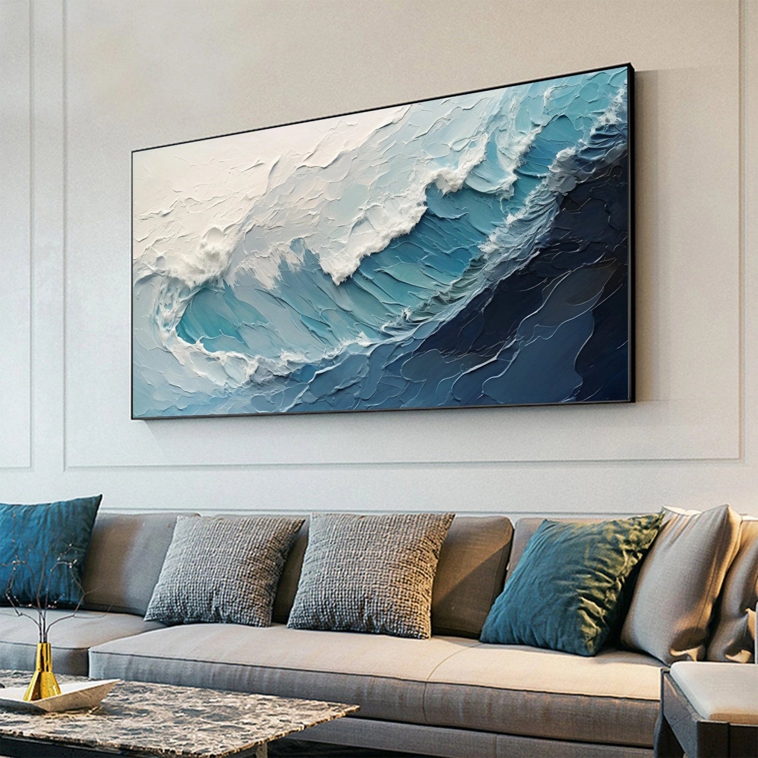 Horizontal Blue and White Textured Wave Abstract Oil Painting - Modern Art #JJ 162