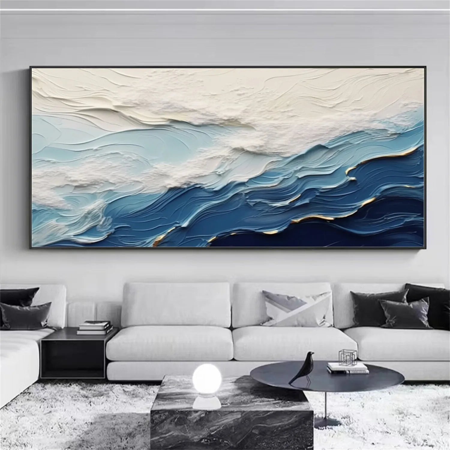 Wide Textured Blue and White Wave Abstract Art - Modern Serene Decor