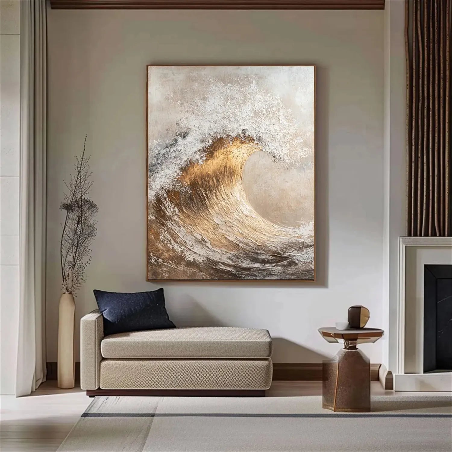 Beige White Gold Textured Wave Abstract Oil Painting - Modern Art # JJ 122