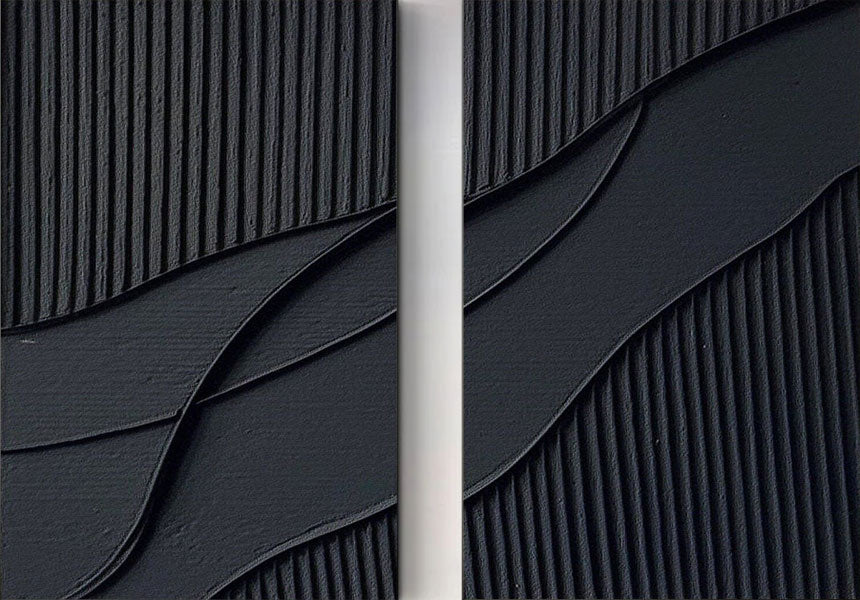 Black Plaster Texture Wall Art | Large Contemporary Abstract Canvas Set of 2 #ZZ 137
