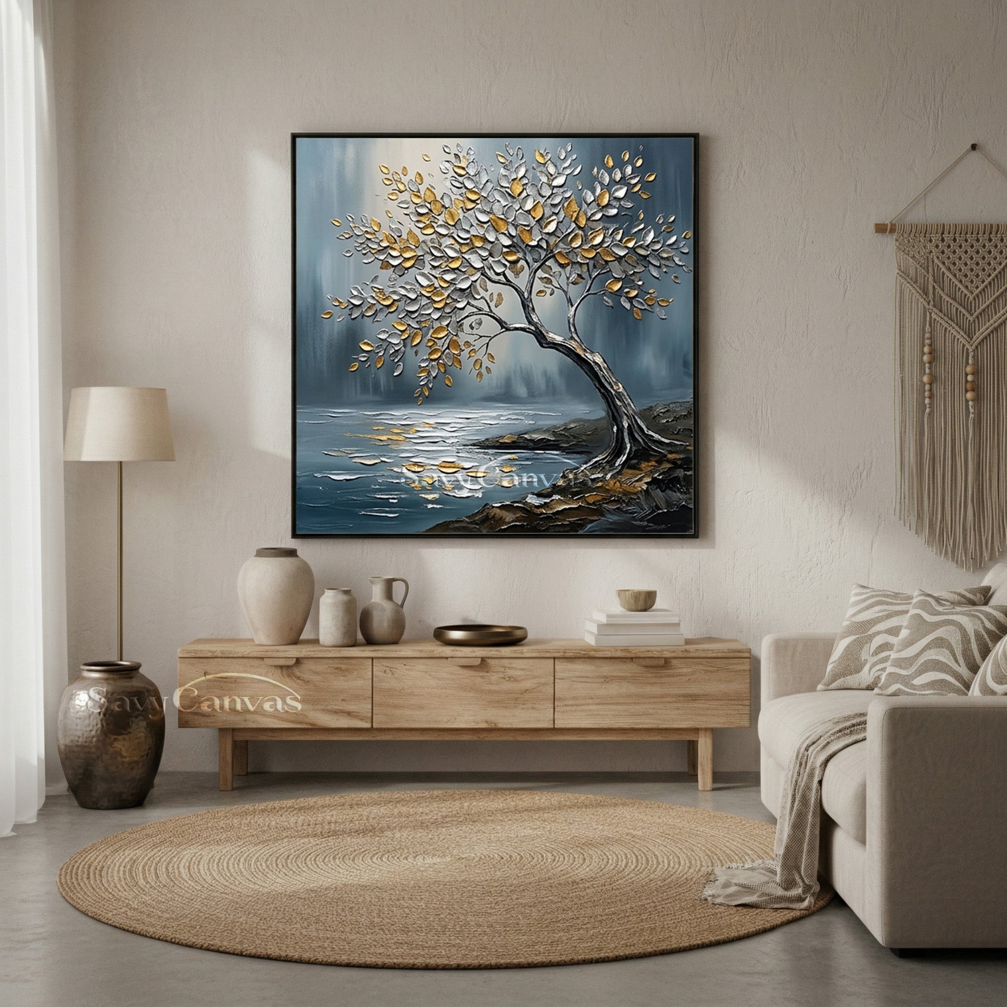 3D Textured Tree Painting | Gold & Silver Impasto Art #AA 541