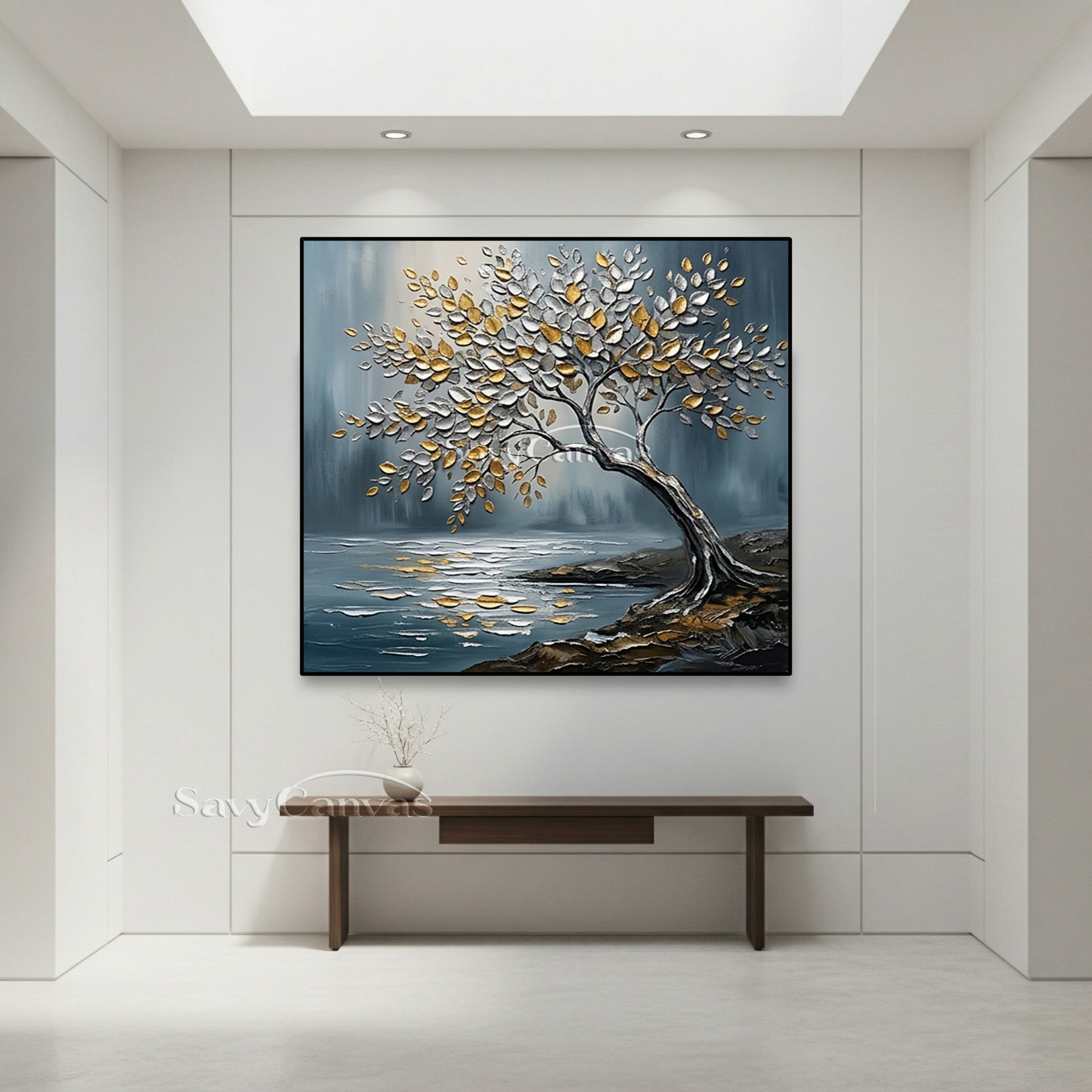 3D Textured Tree Painting | Gold & Silver Impasto Art #AA 541