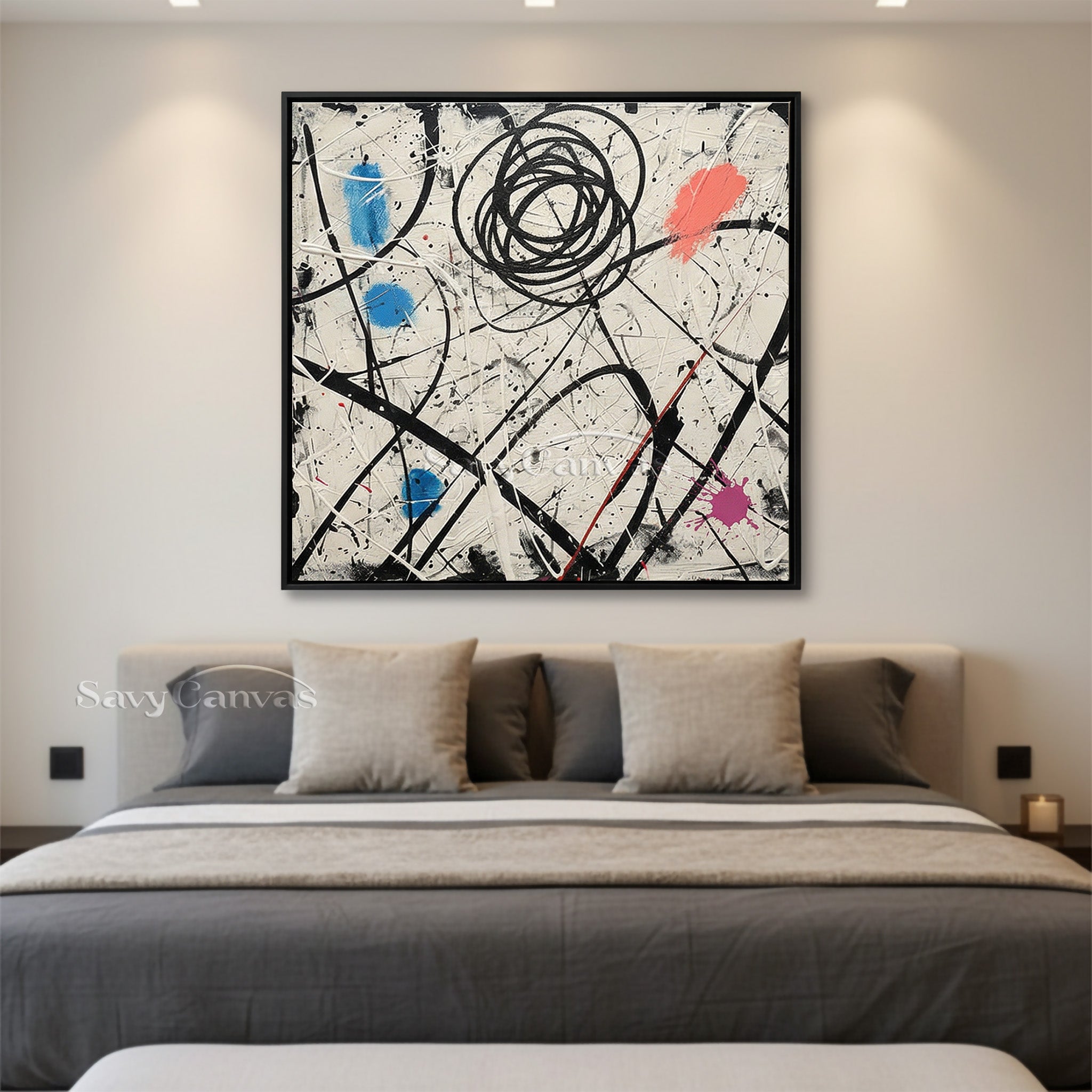 Large square abstract painting with black, white, and bule accents displayed in a modern formal living room