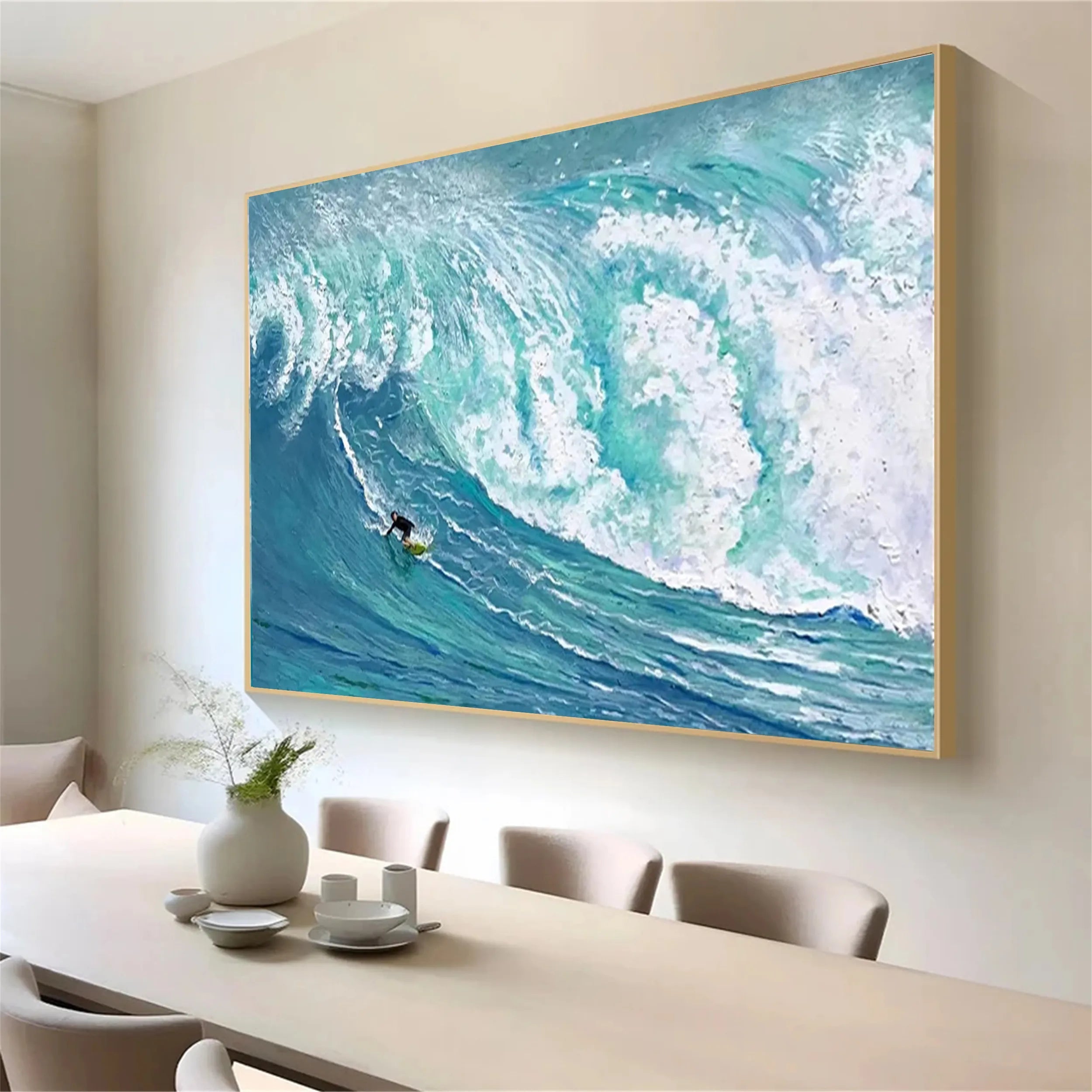 Teal White Textured Surfing Abstract Oil Painting for Wall Decor #JJ 1