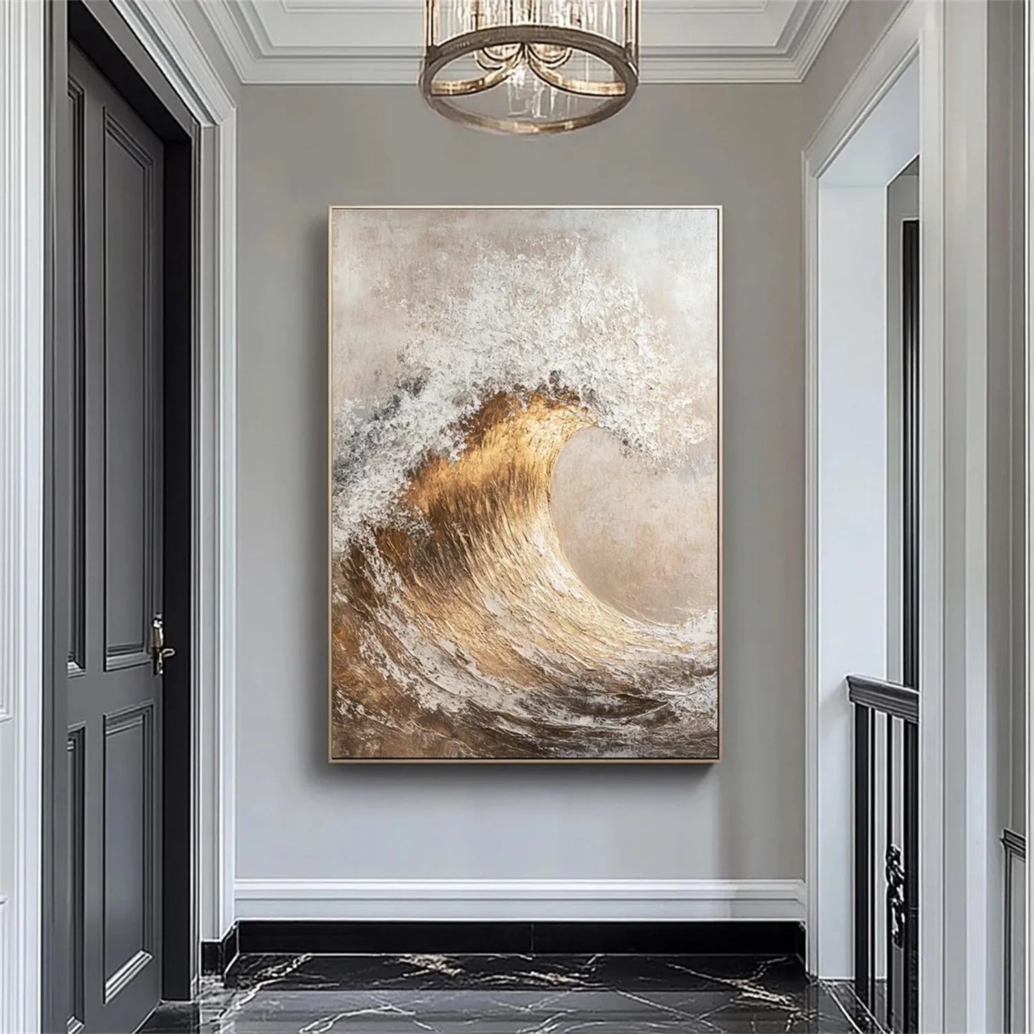 Elegant Wave Abstract with Gold - Beige White Gold Textured Oil Painting