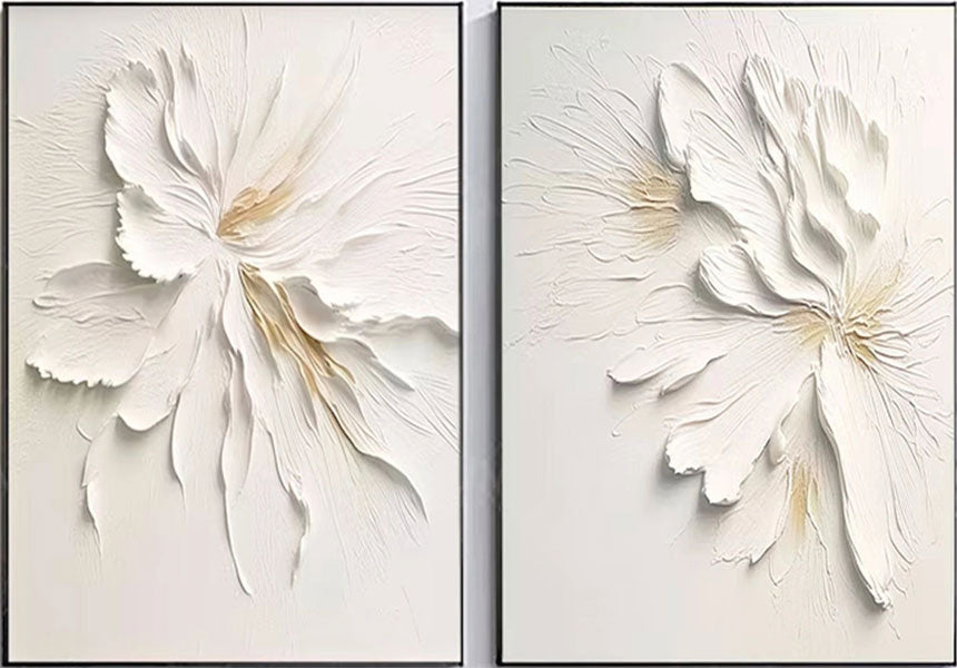 Contemporary Floral Design: White Textured Abstract Canvas Set of 2 #ZZ 140