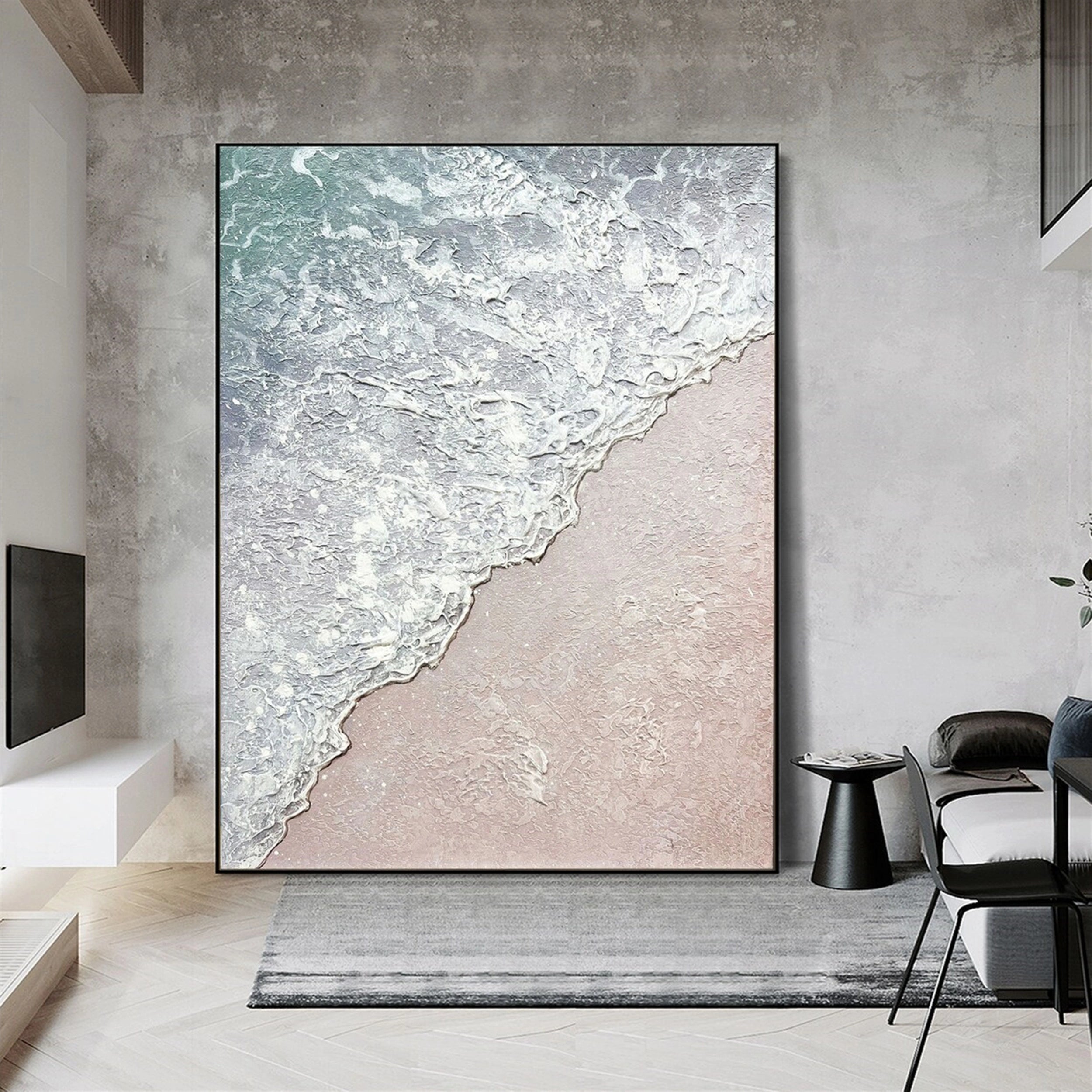 Textured Beach Wall Art: Neutral Gray & Soft Pink Abstract Waves Canvas