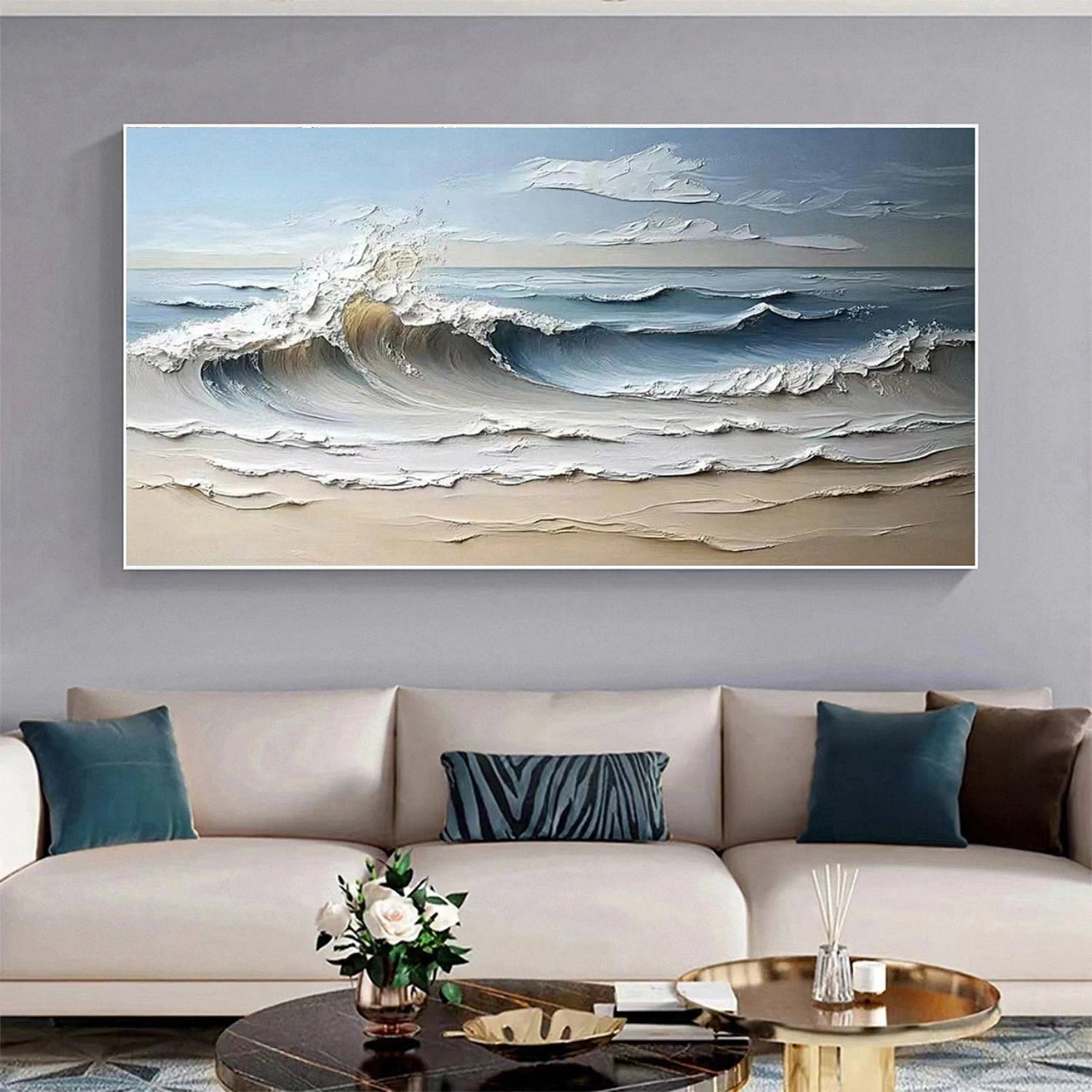 arge Horizontal Beach Abstract - Blue and White Textured Art Oil Painting