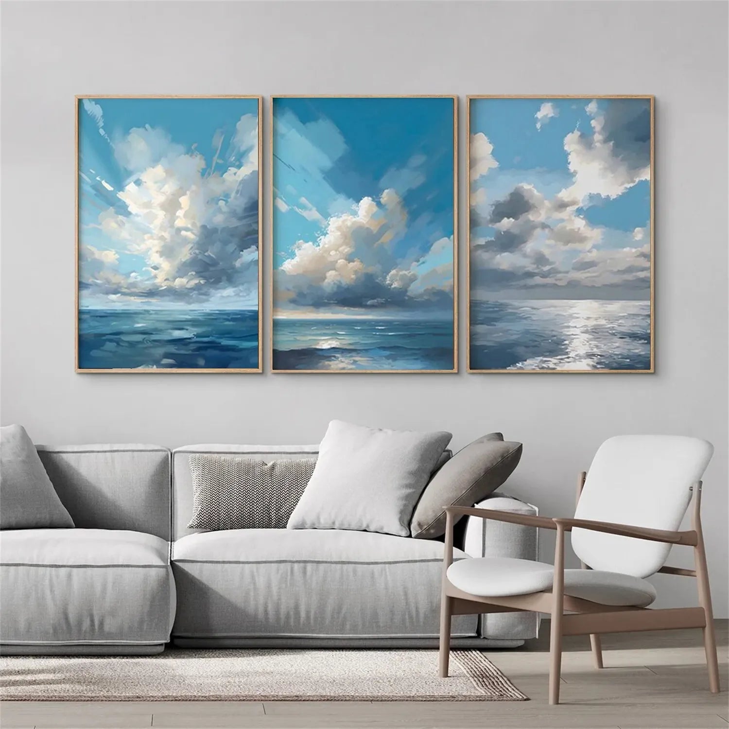 Sky Ocean Triptych - Serene Blue & White Art #JJ 203