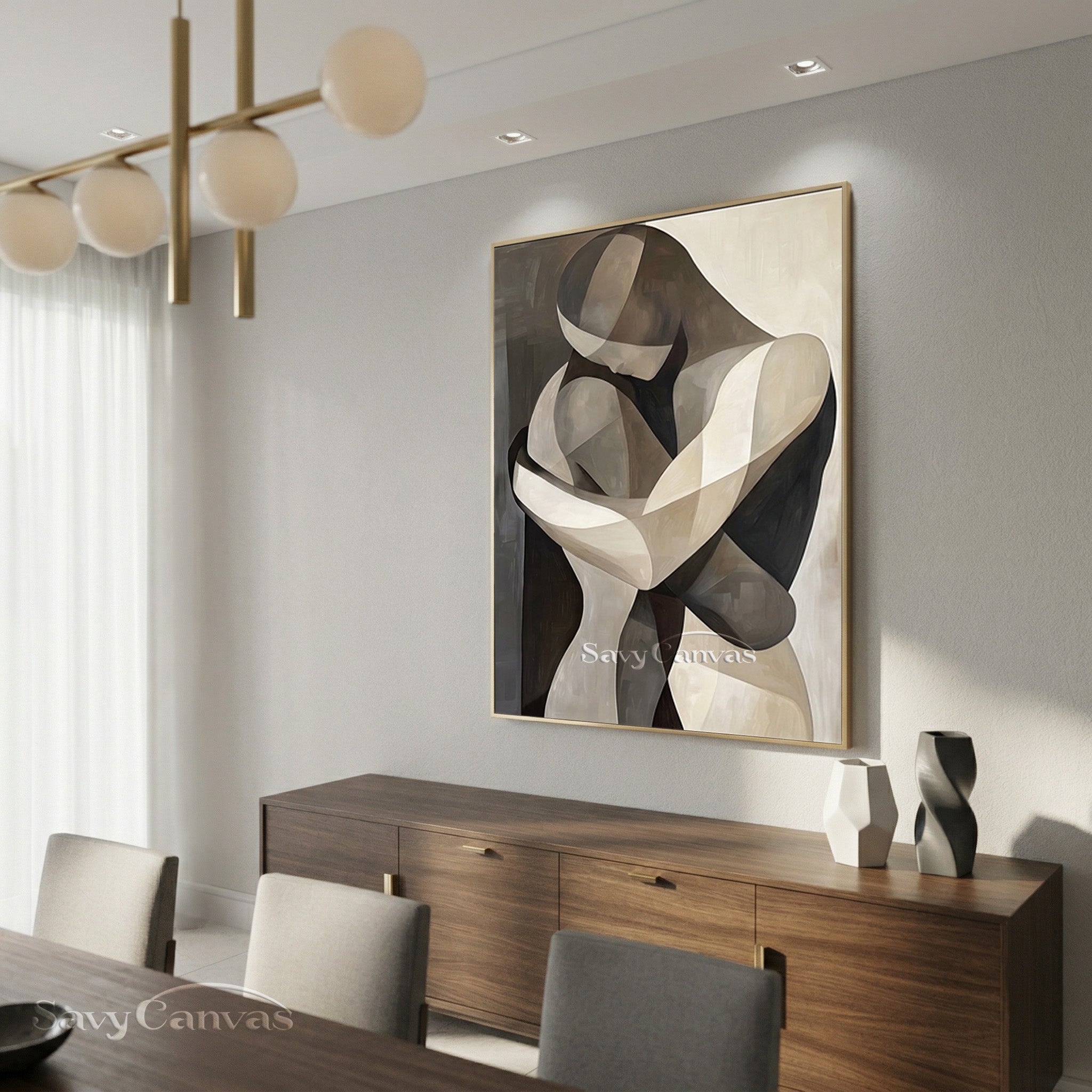 Cubist Style Couple Hugging Canvas Art | Monochrome Geometric Painting #SS 145