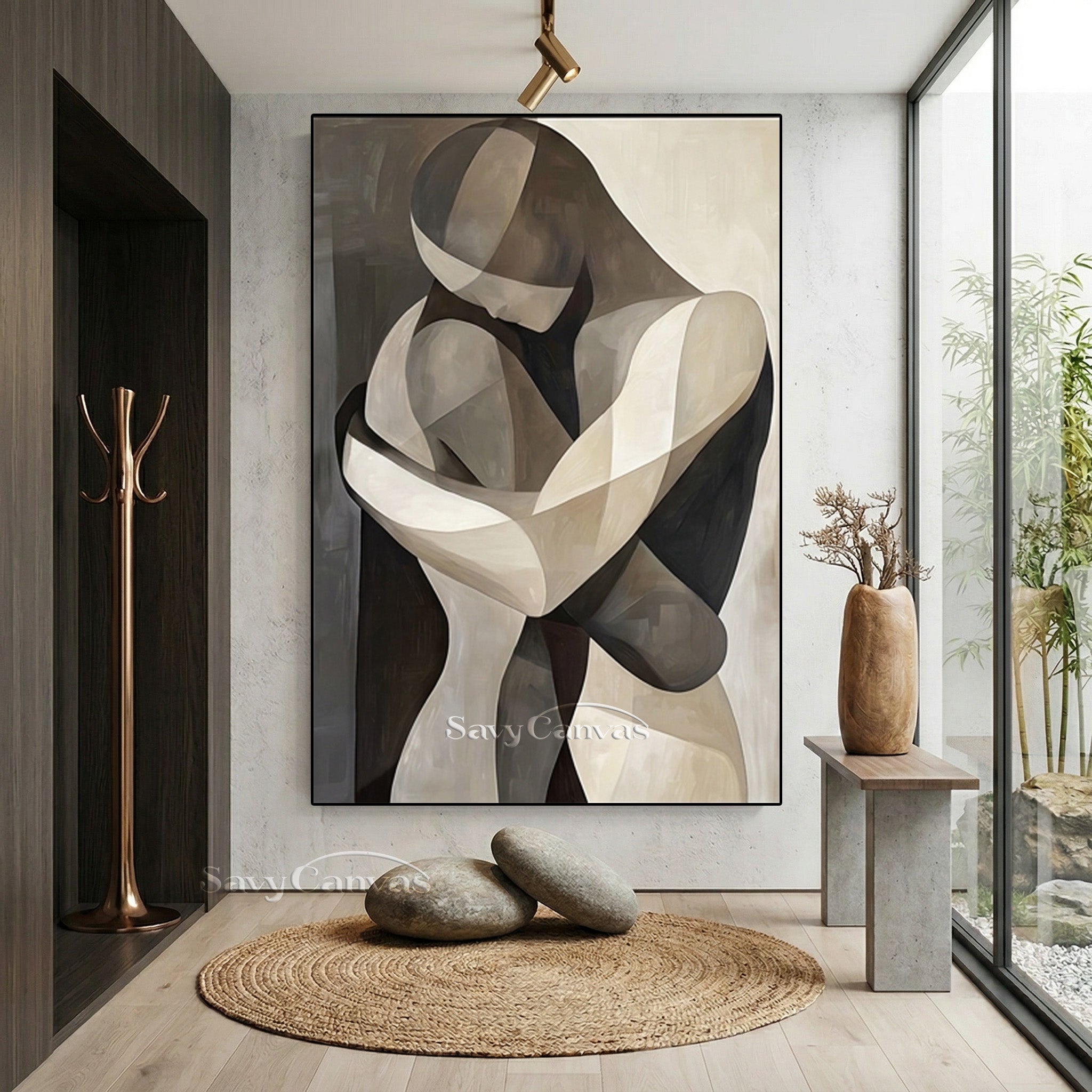 Cubist Style Couple Hugging Canvas Art | Monochrome Geometric Painting #SS 145