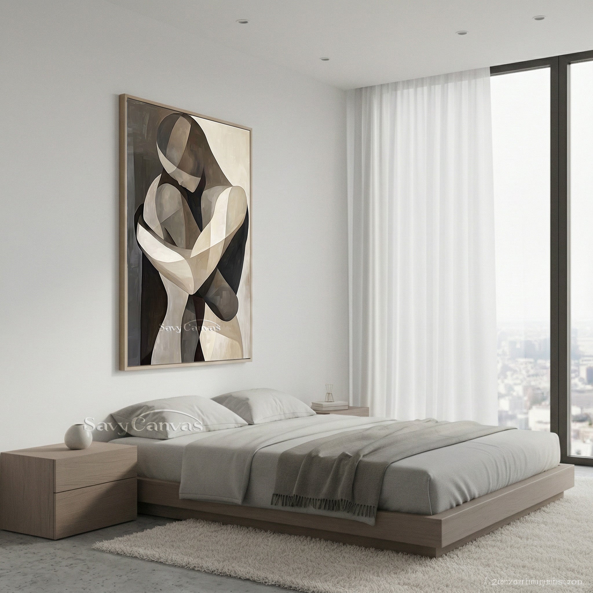 Cubist Style Couple Hugging Canvas Art | Monochrome Geometric Painting #SS 145