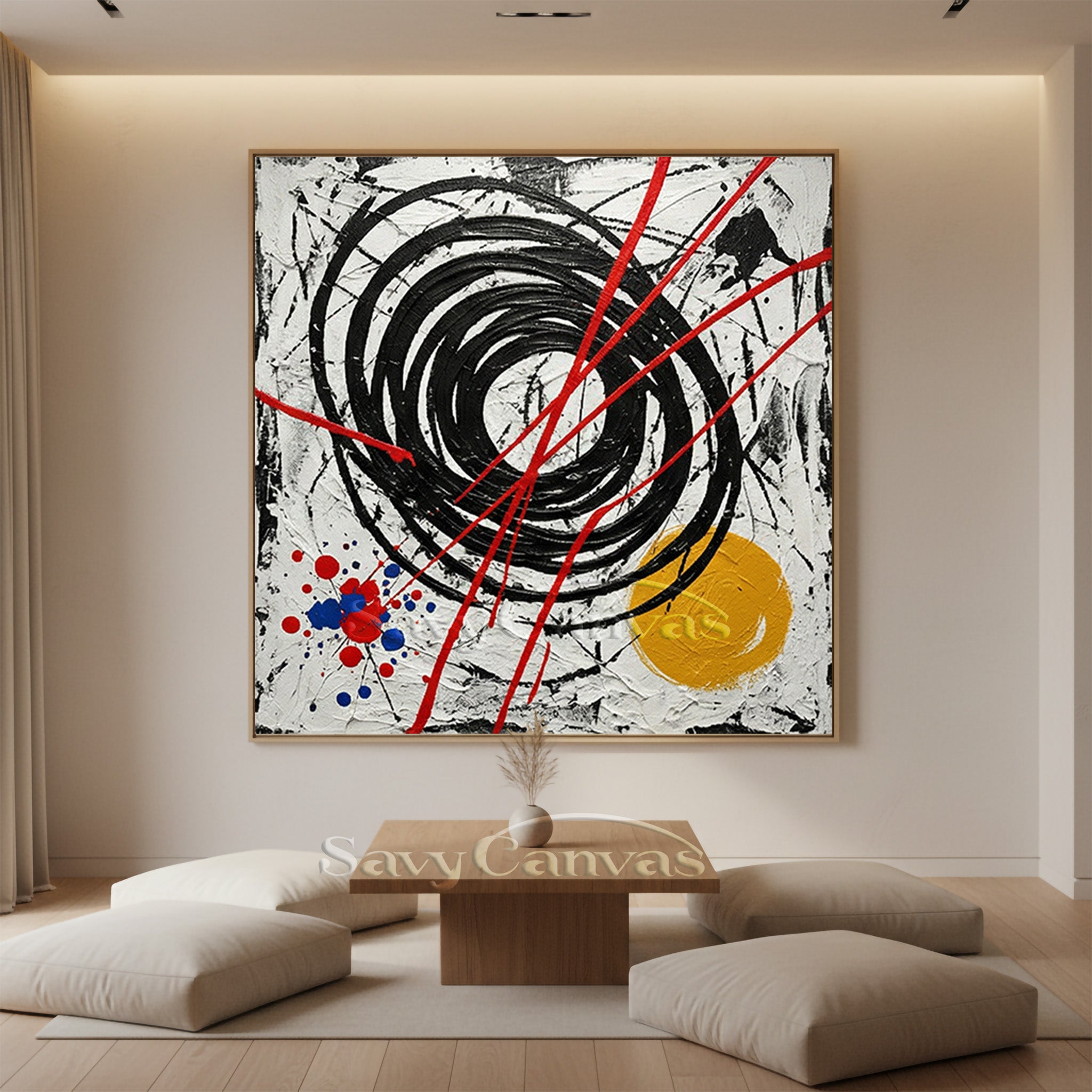 Modern abstract drip painting with vibrant splatters of blue, red, and yellow on a textured white background.