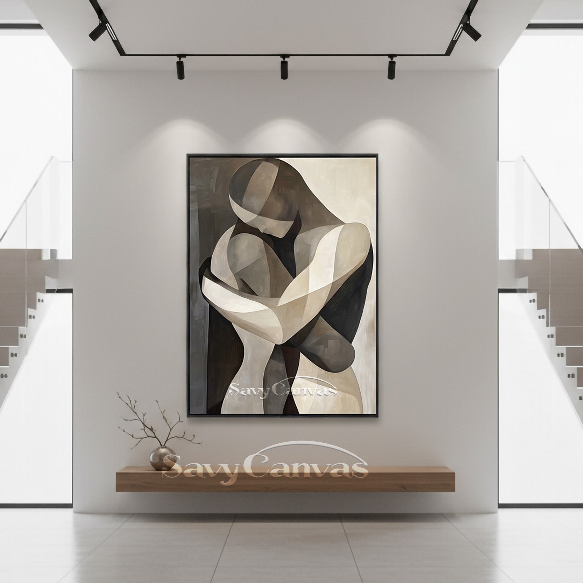 Cubist Style Couple Hugging Canvas Art | Monochrome Geometric Painting #SS 145