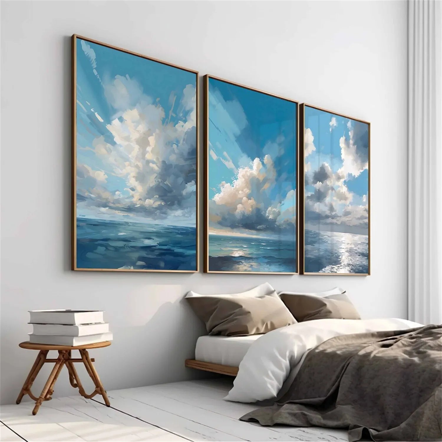 Sky Ocean Triptych - Serene Blue & White Art #JJ 203