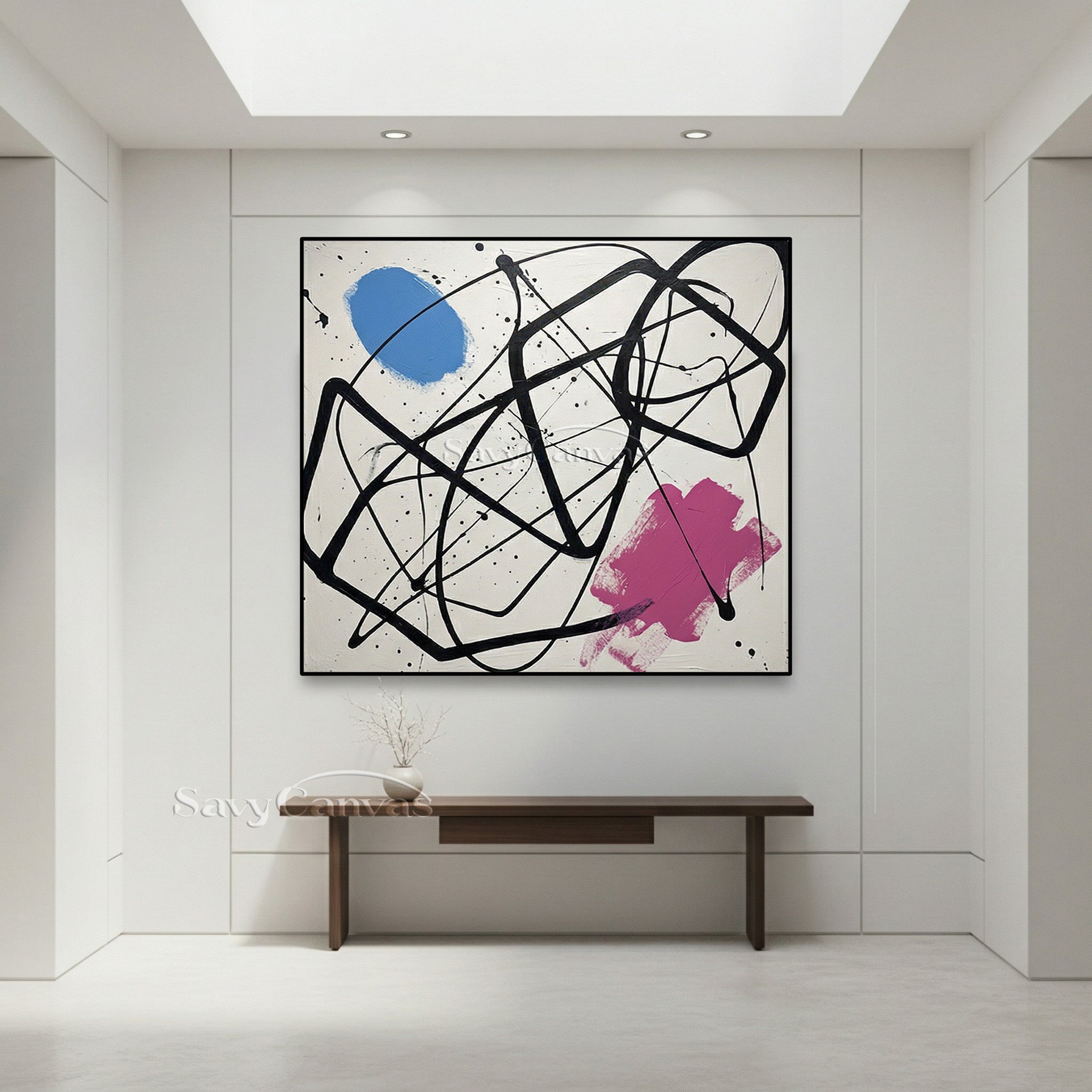 Sophisticated simplicity. This minimalist abstract features bold black lines and soft color blocks, ideal for high-end modern interiors.