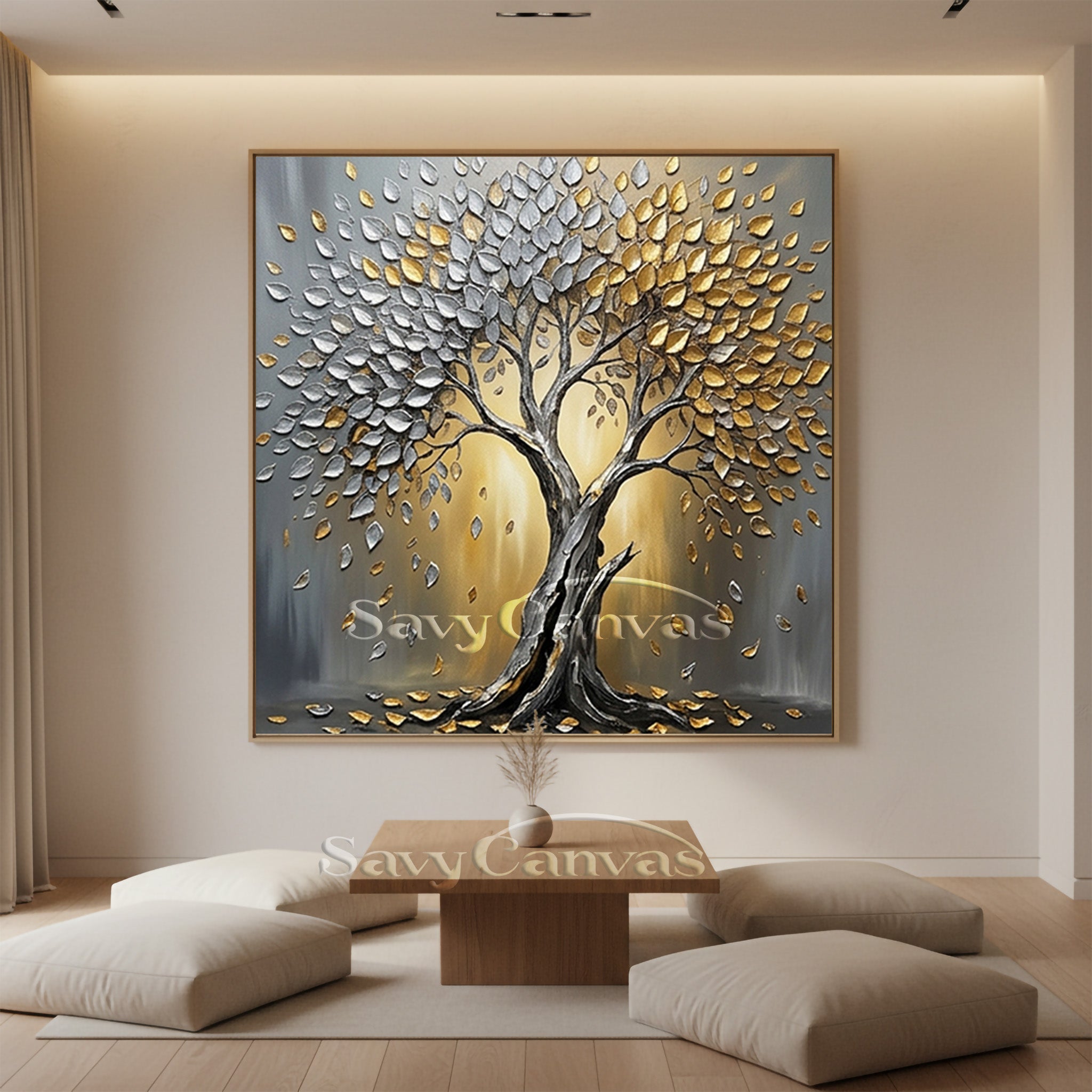 3D Textured Tree Painting | Gold & Silver Impasto Art #AA 542